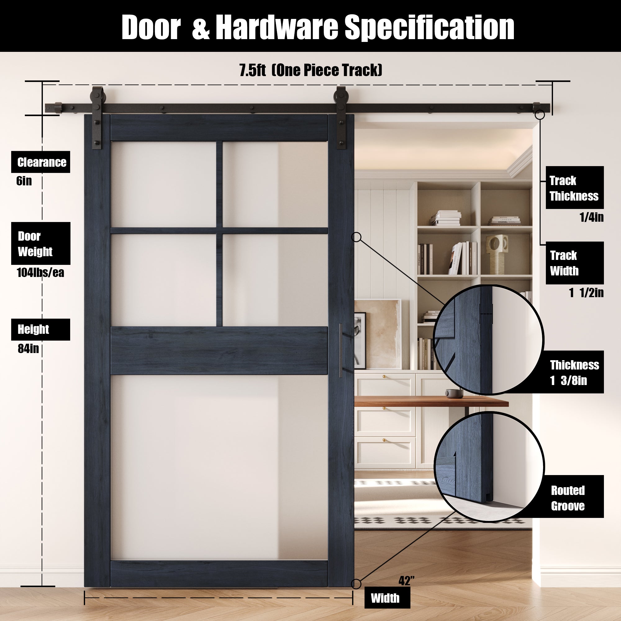84" Height Navy 5-Lite Frosted Glass Unassembled & Finished Pine Wood Barn Door with Non-Bypass Installation Hardware Kit (Interior Use Only)