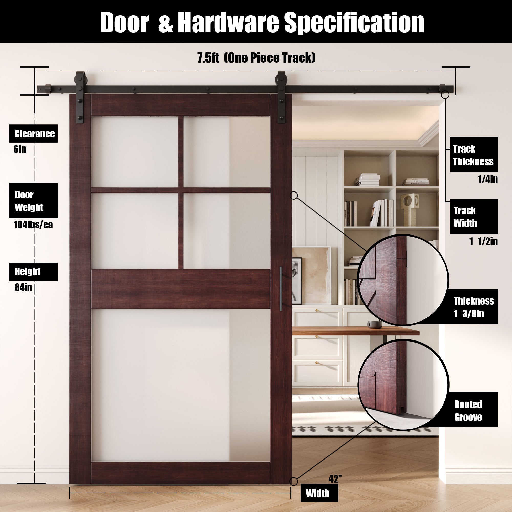 84" Height Red Mahogany 5-Lite Frosted Glass Unassembled & Finished Pine Wood Barn Door with Non-Bypass Installation Hardware Kit (Interior Use Only)