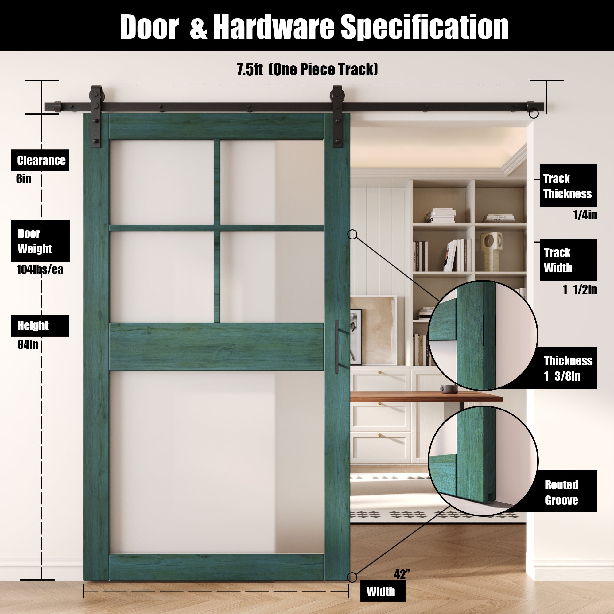 84" Height Royal Pine 5-Lite Frosted Glass Unassembled & Finished Pine Wood Barn Door with Non-Bypass Installation Hardware Kit (Interior Use Only)