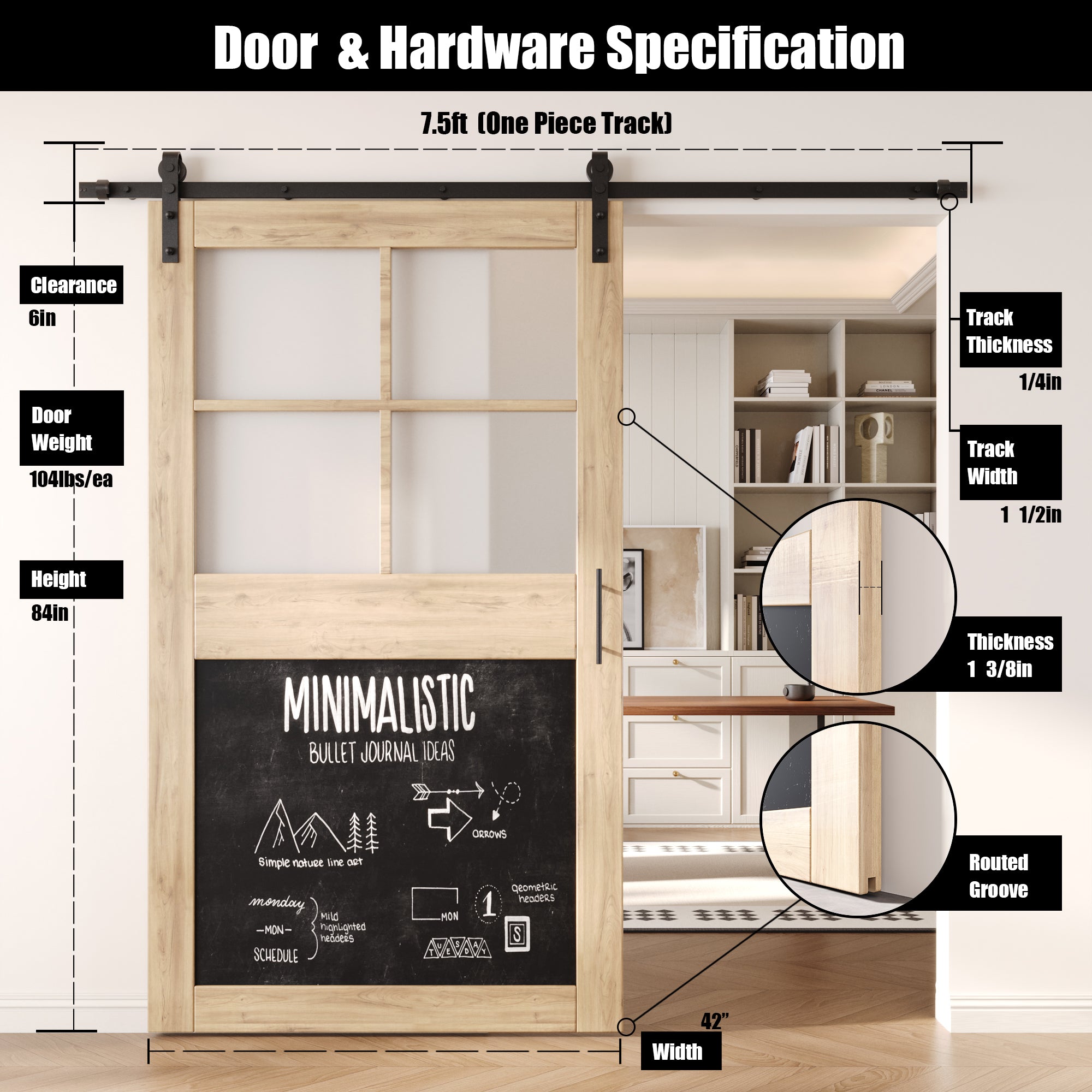 84" Height Half Lite Chalkboard Unassembled & Unfinished Pine Wood Barn Door with Non-Bypass Installation Hardware Kit (Interior Use Only)