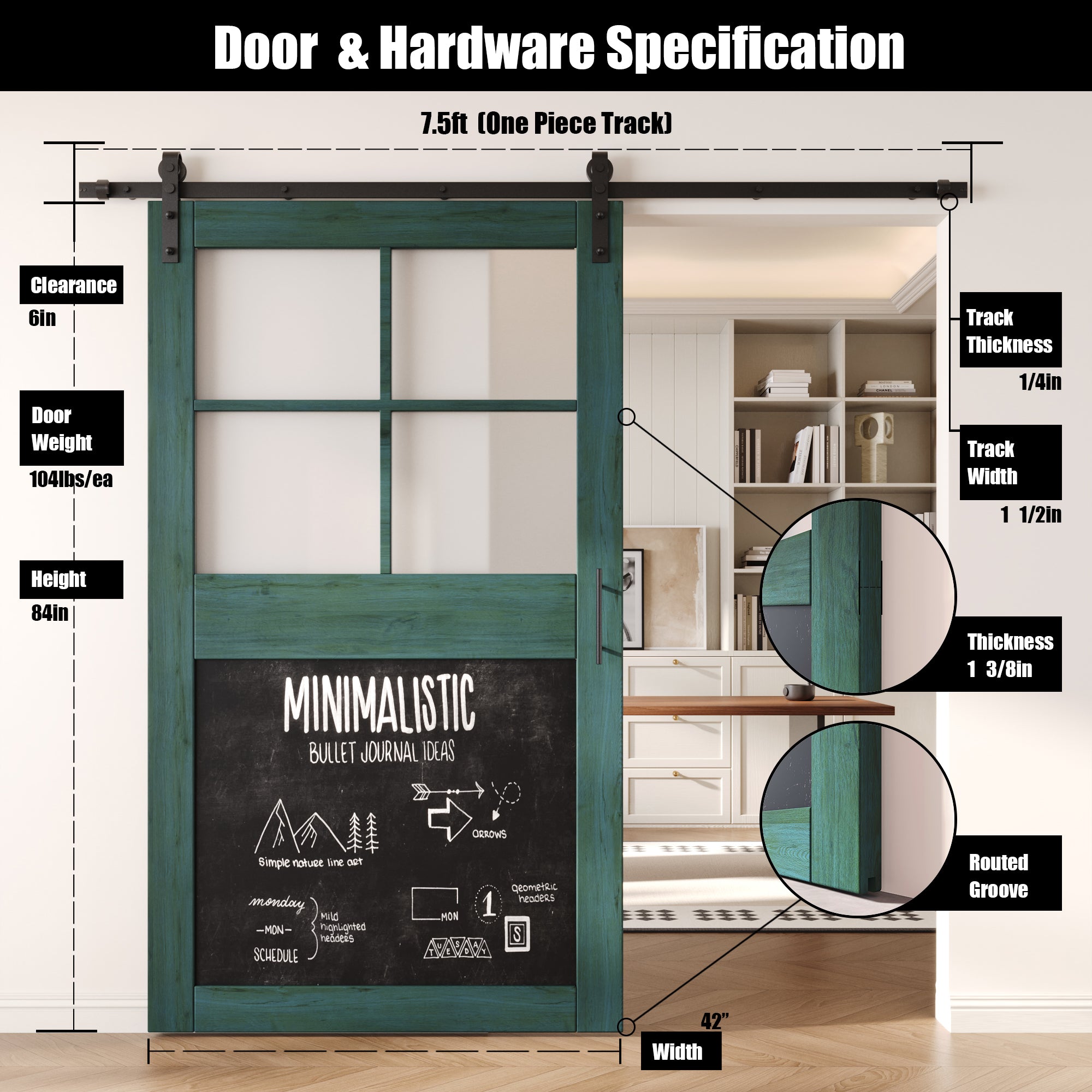 84" Height Royal Pine Half Lite Chalkboard Unassembled & Finished Pine Wood Barn Door with Non-Bypass Installation Hardware Kit (Interior Use Only)