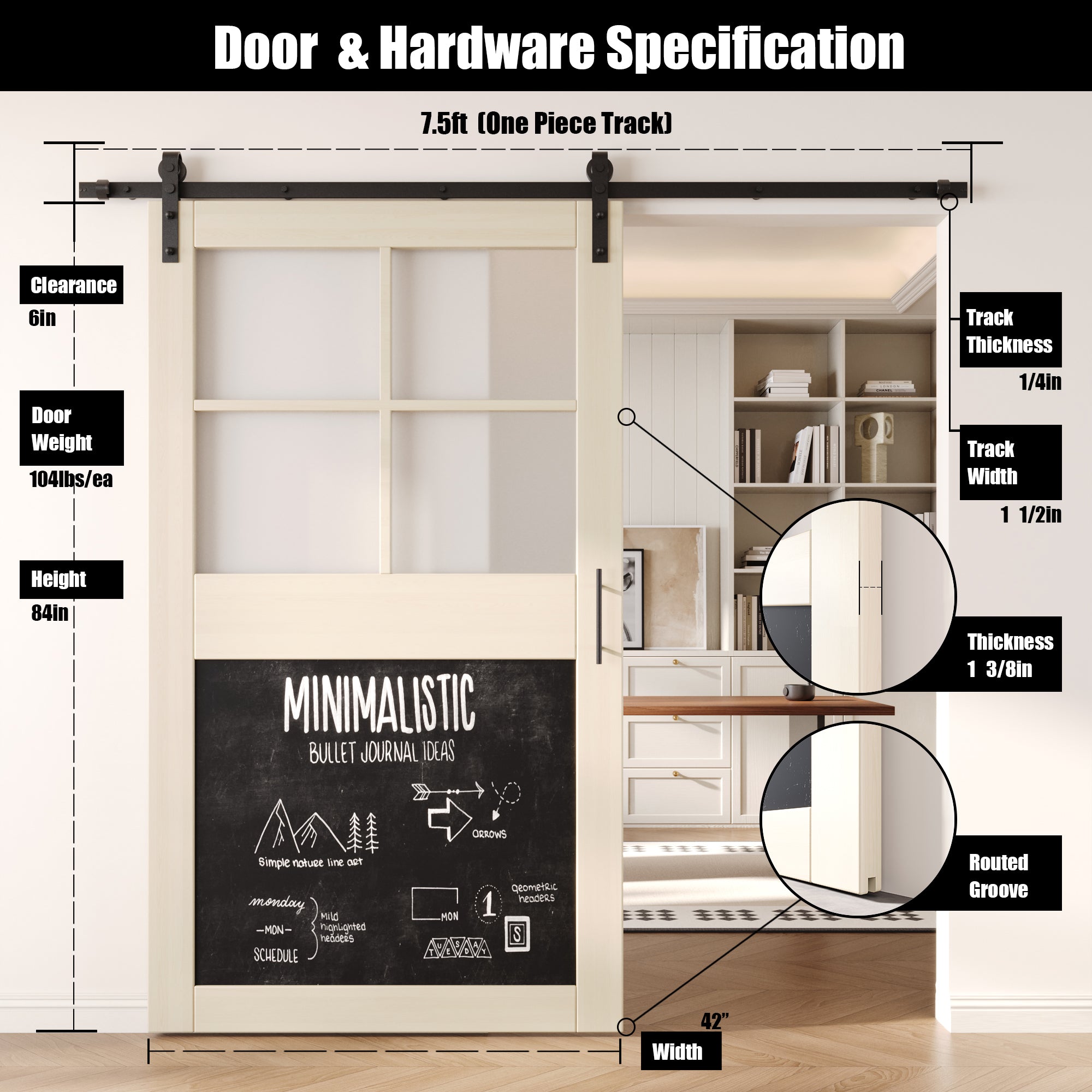 84" Height Tinsmith Gray Half Lite Chalkboard Unassembled & Finished Pine Wood Barn Door with Non-Bypass Installation Hardware Kit (Interior Use Only)