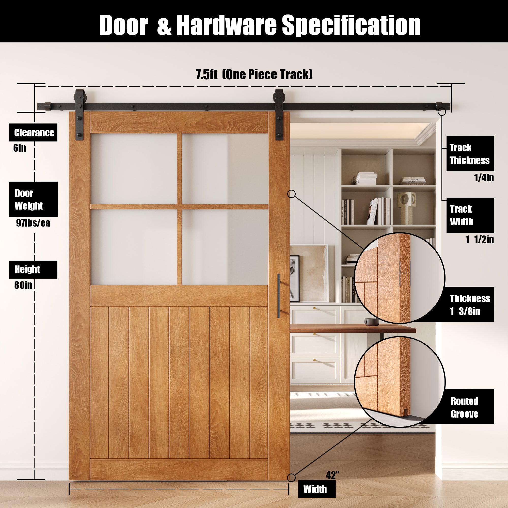 80" Height Early American Half Lite Grid Glass Unassembled & Finished Pine Wood Barn Door with Non-Bypass Installation Hardware Kit (Interior Use Only)