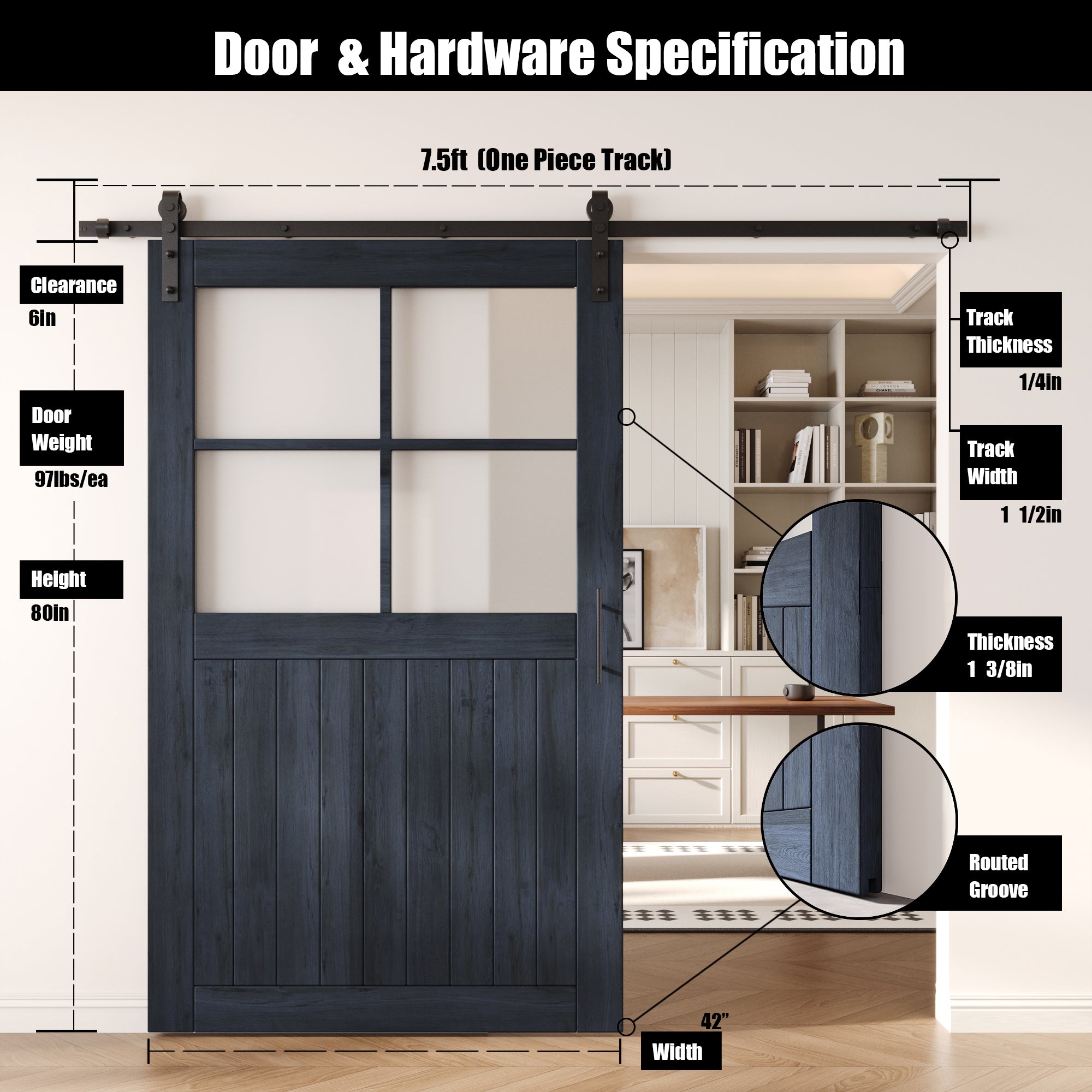 80" Height Navy Half Lite Grid Glass Unassembled & Finished Pine Wood Barn Door with Non-Bypass Installation Hardware Kit (Interior Use Only)