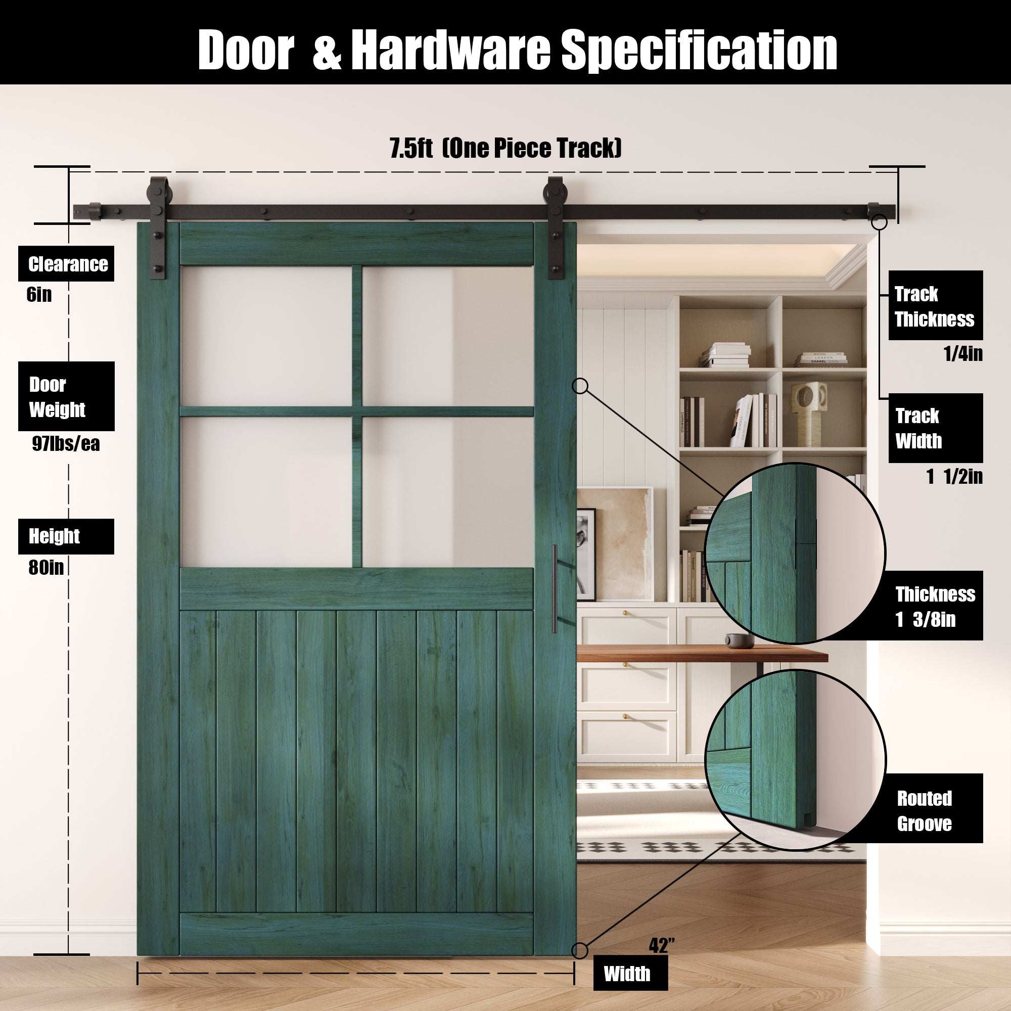 80" Height Royal Pine Half Lite Grid Glass Unassembled & Finished Pine Wood Barn Door with Non-Bypass Installation Hardware Kit (Interior Use Only)