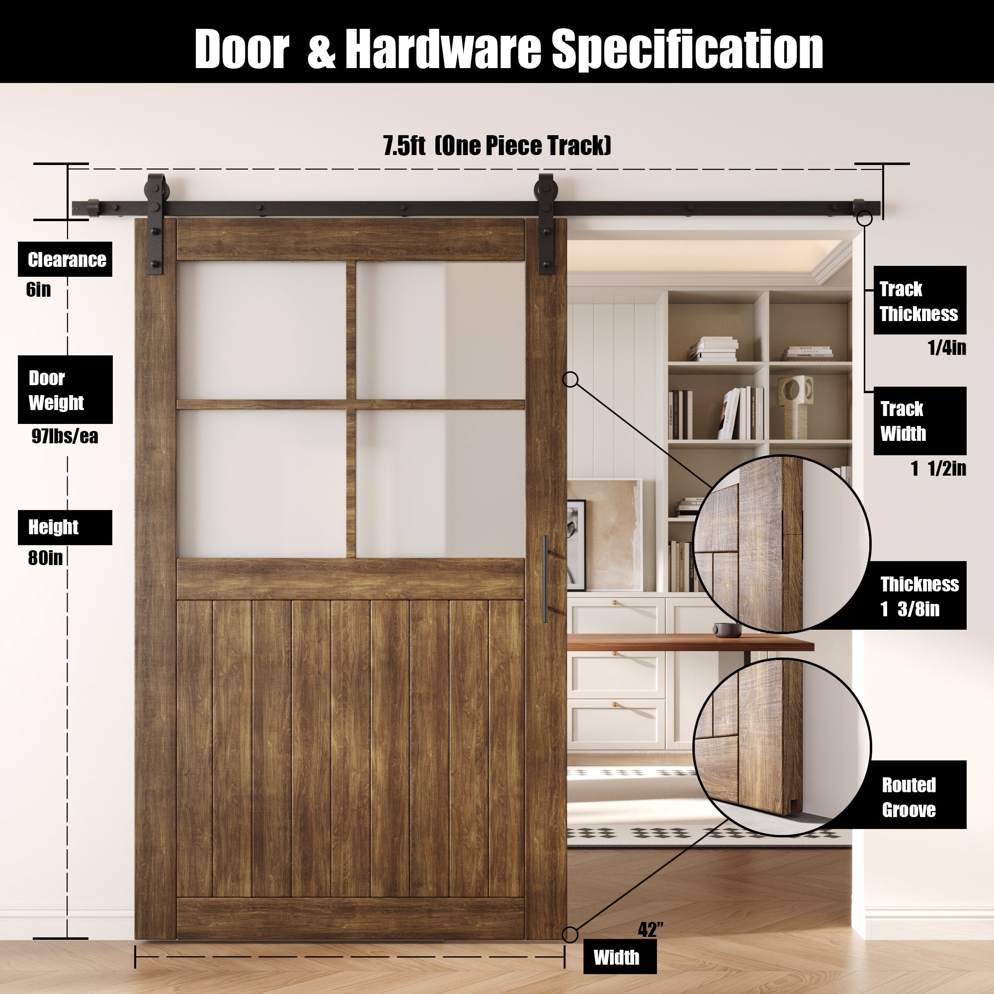 80" Height Dark Walnut Half Lite Grid Glass Unassembled & Finished Pine Wood Barn Door with Non-Bypass Installation Hardware Kit (Interior Use Only)