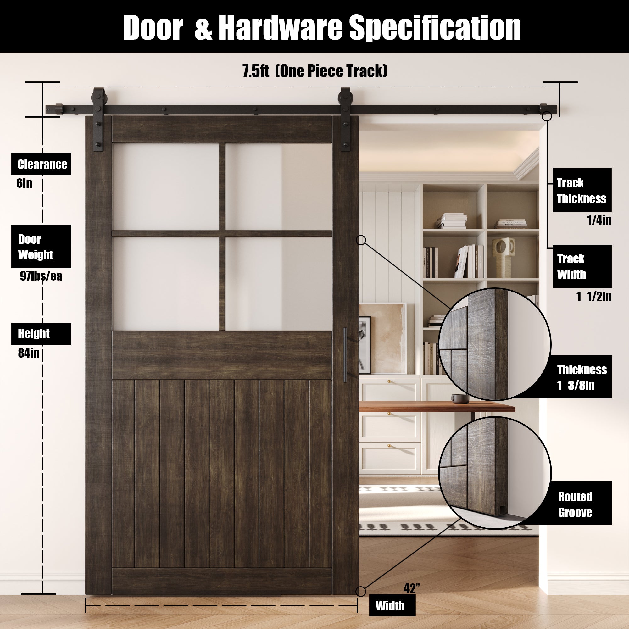 84" Height Ebony Half Lite Grid Glass Unassembled & Finished Pine Wood Barn Door with Non-Bypass Installation Hardware Kit (Interior Use Only)