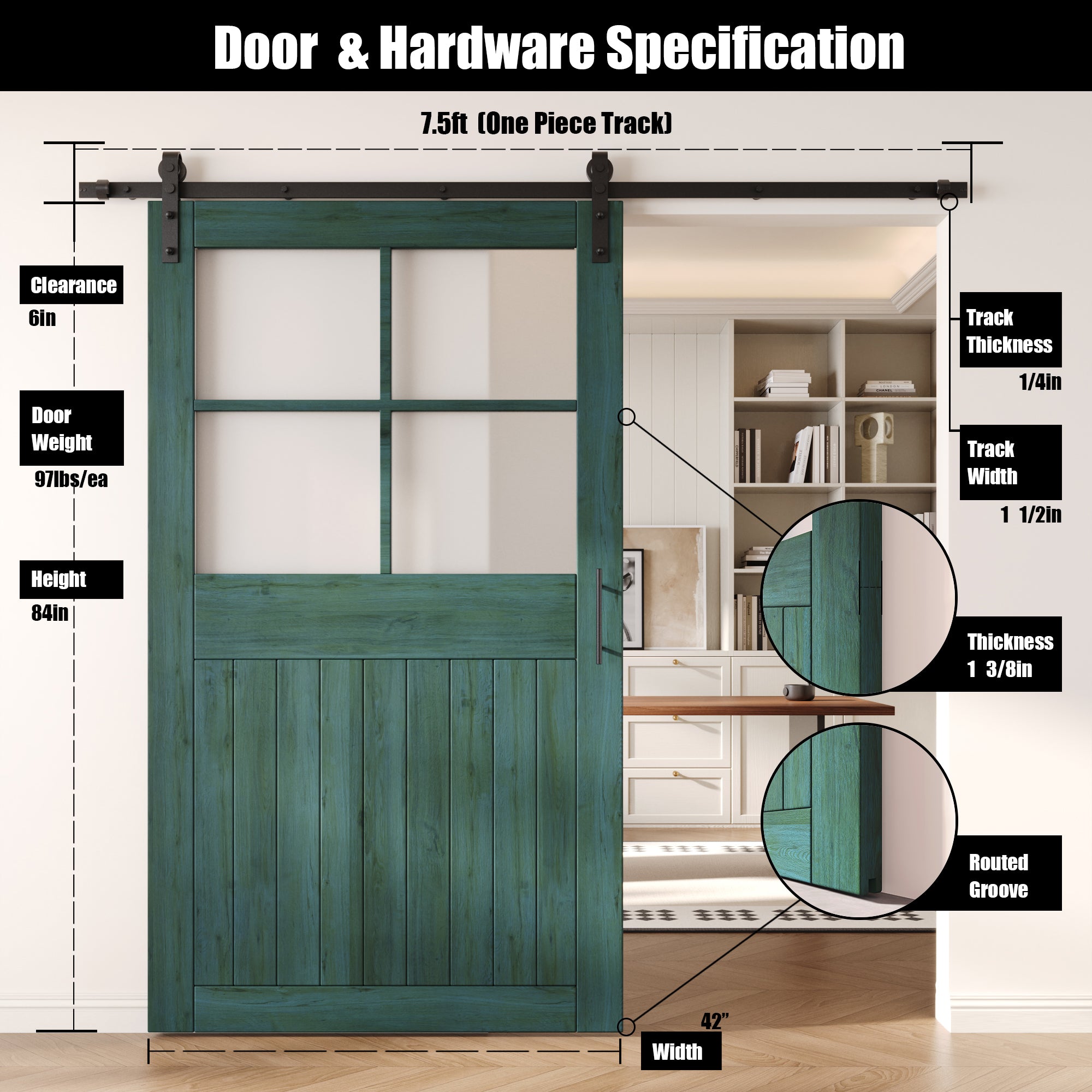 84" Height Royal Pine Half Lite Grid Glass Unassembled & Finished Pine Wood Barn Door with Non-Bypass Installation Hardware Kit (Interior Use Only)