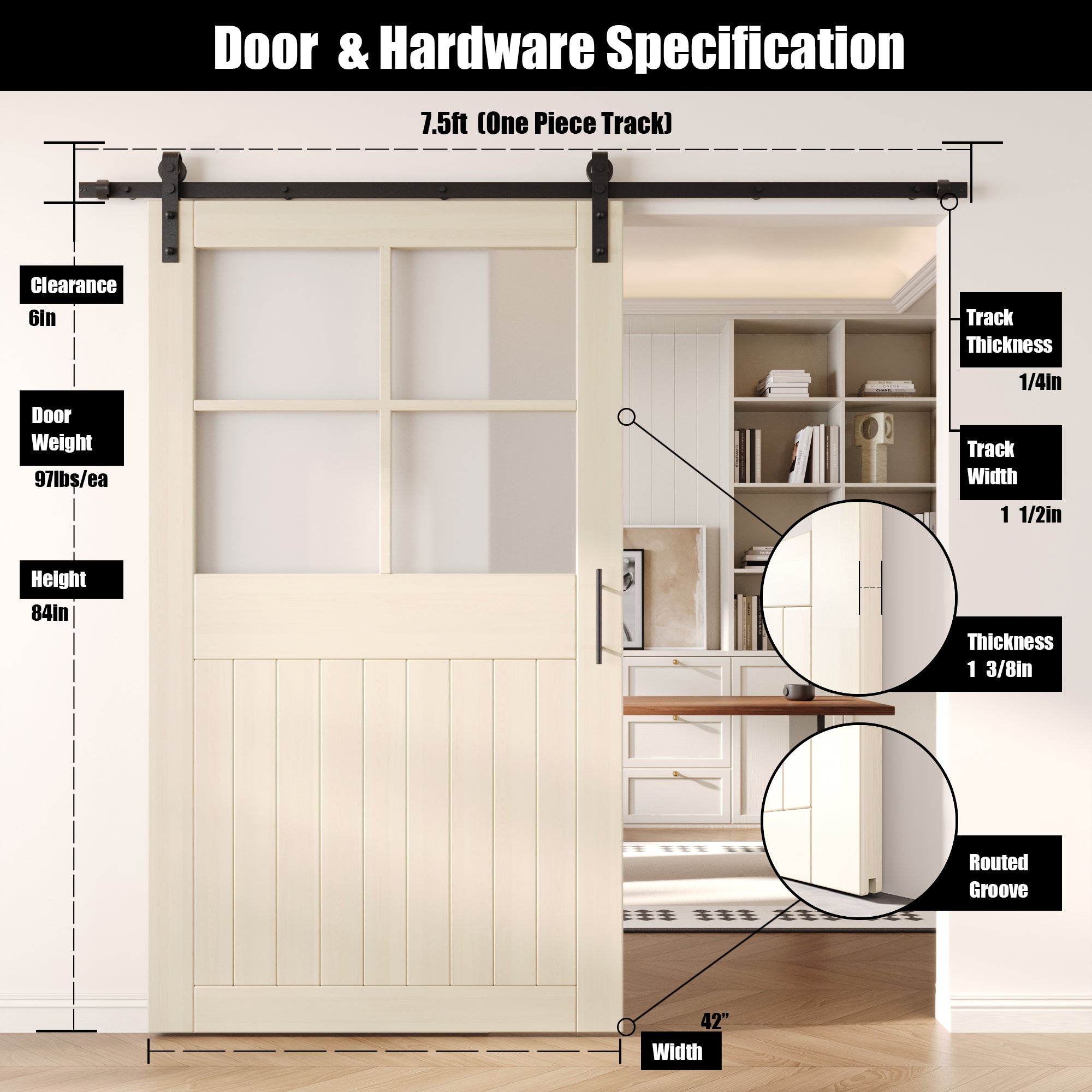 84" Height Tinsmith Gray Half Lite Grid Glass Unassembled & Finished Pine Wood Barn Door with Non-Bypass Installation Hardware Kit (Interior Use Only)
