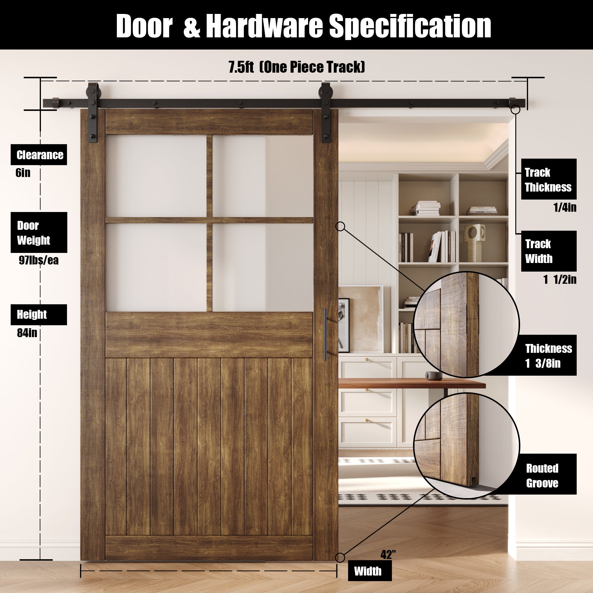 84" Height Dark Walnut Half Lite Grid Glass Unassembled & Finished Pine Wood Barn Door with Non-Bypass Installation Hardware Kit (Interior Use Only)
