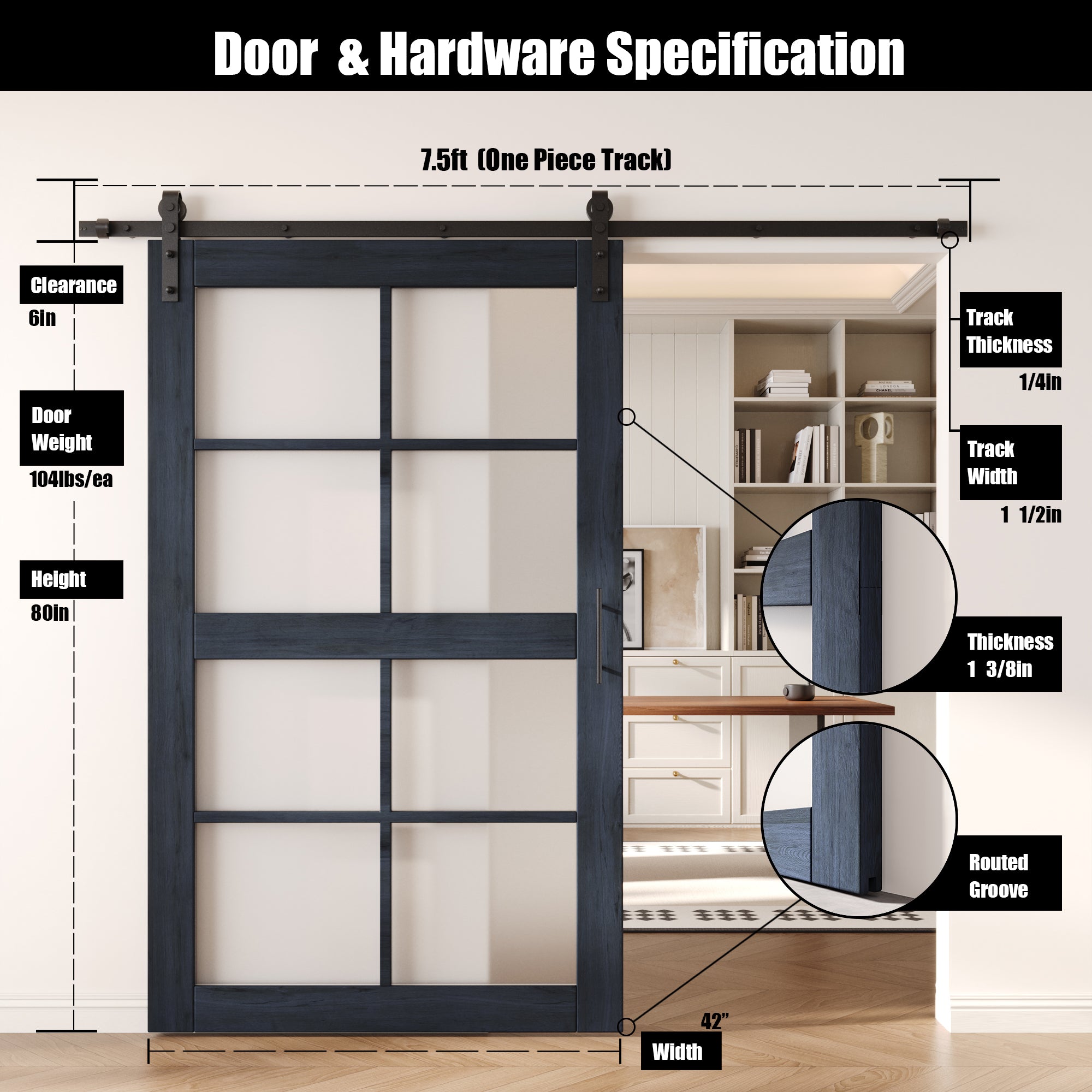 80" Height Navy 8-Lite Frosted Glass Unassembled & Finished Pine Wood Barn Door with Non-Bypass Installation Hardware Kit (Interior Use Only)