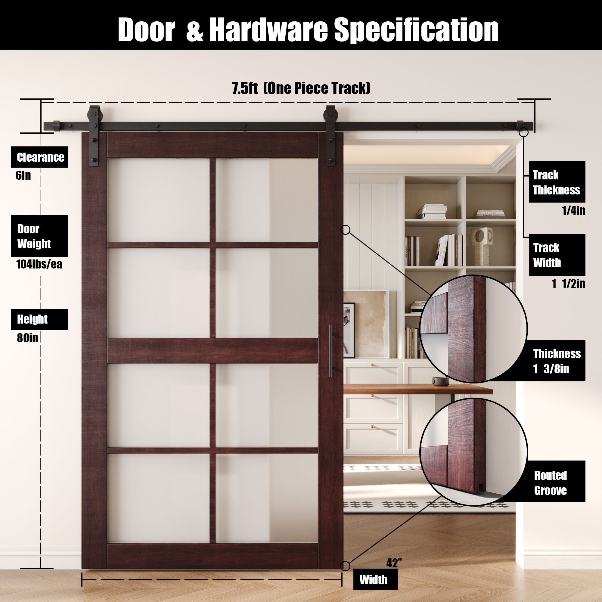 80" Height Red Mahogany 8-Lite Frosted Glass Unassembled & Finished Pine Wood Barn Door with Non-Bypass Installation Hardware Kit (Interior Use Only)