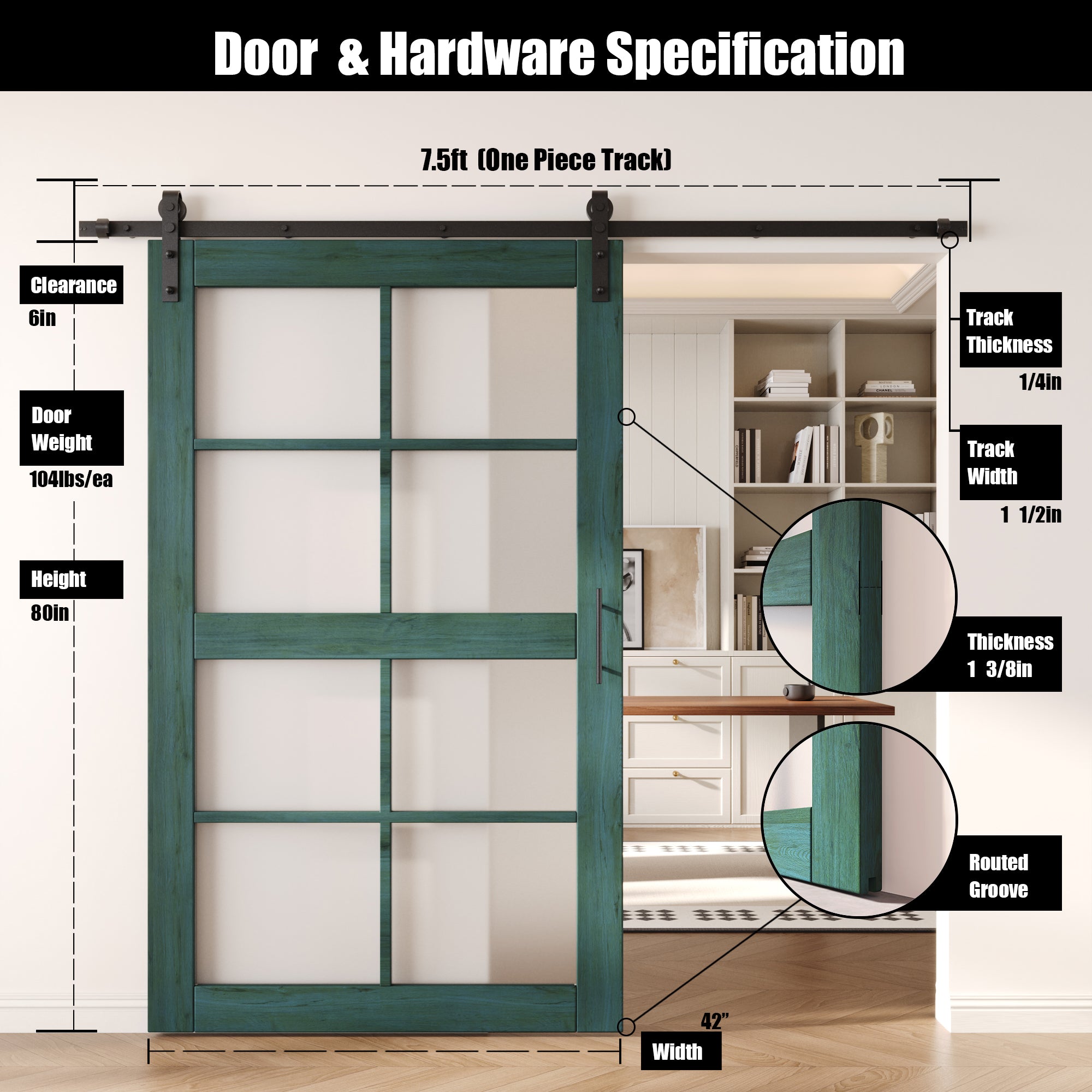 80" Height Royal Pine 8-Lite Frosted Glass Unassembled & Finished Pine Wood Barn Door with Non-Bypass Installation Hardware Kit (Interior Use Only)