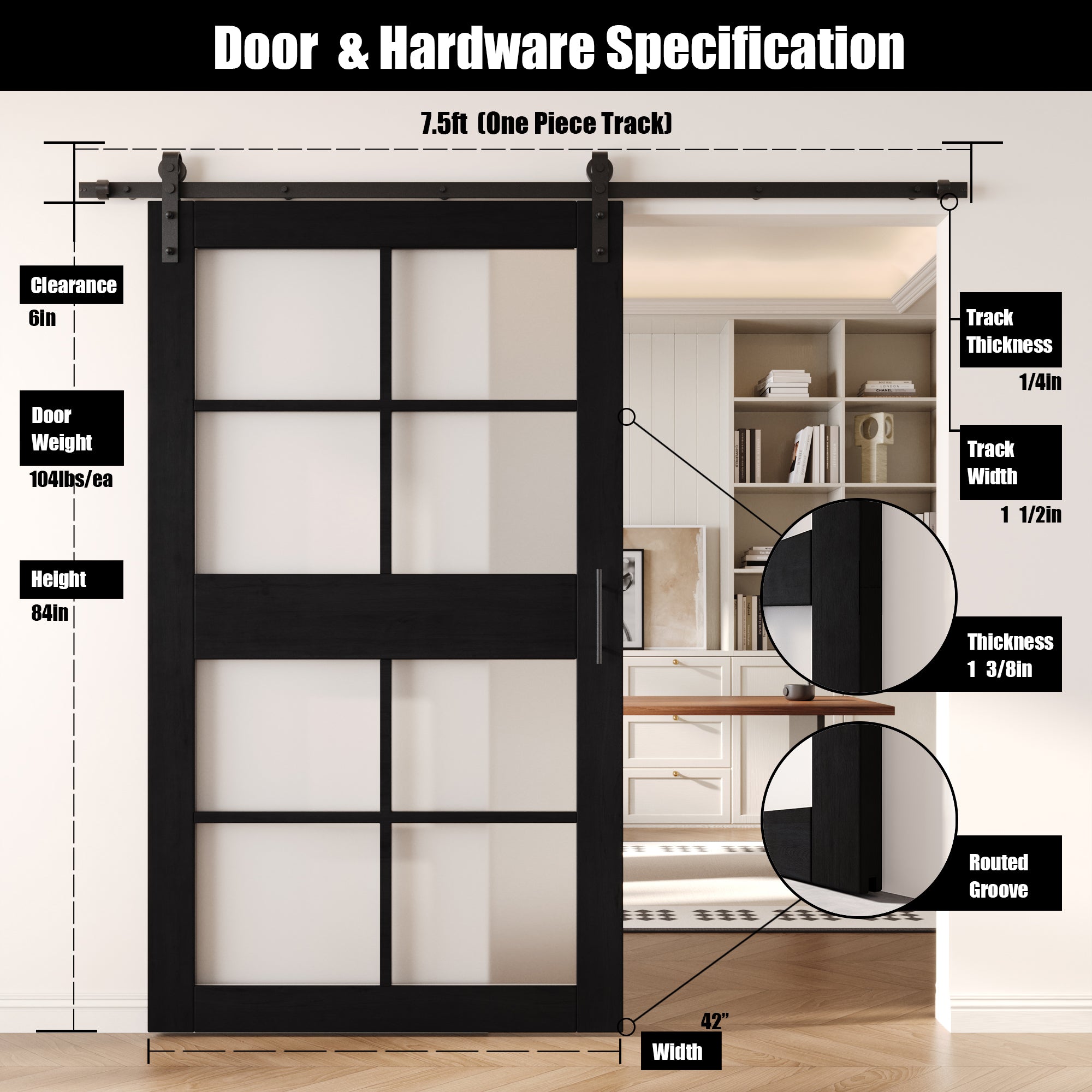84" Height Black 8-Lite Frosted Glass Unassembled & Finished Pine Wood Barn Door with Non-Bypass Installation Hardware Kit (Interior Use Only)