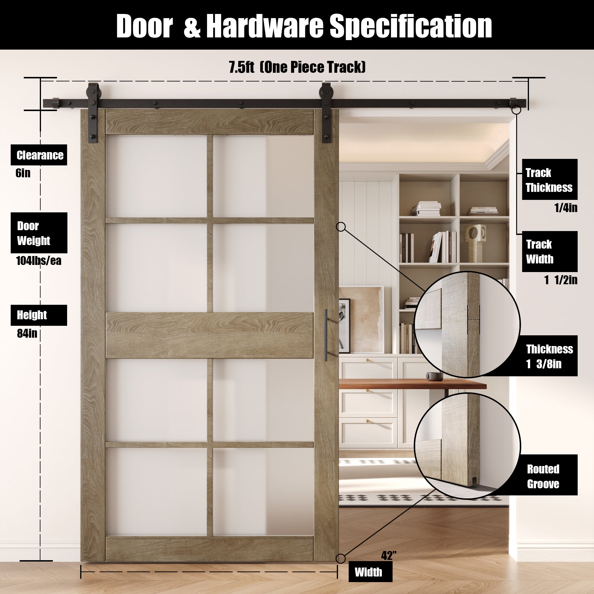 84" Height Classic Gray 8-Lite Frosted Glass Unassembled & Finished Pine Wood Barn Door with Non-Bypass Installation Hardware Kit (Interior Use Only)