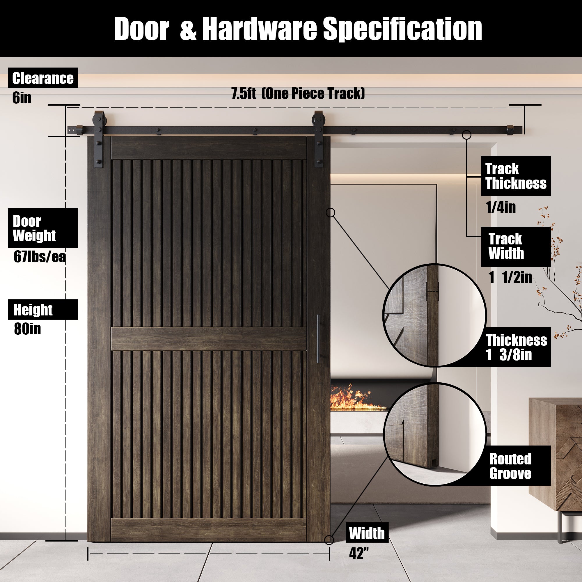 80" Height Ebony Vertical Stripe Design Unassembled & Finished Pine Wood Barn Door with Non-Bypass Installation Hardware Kit(Interior Use Only)