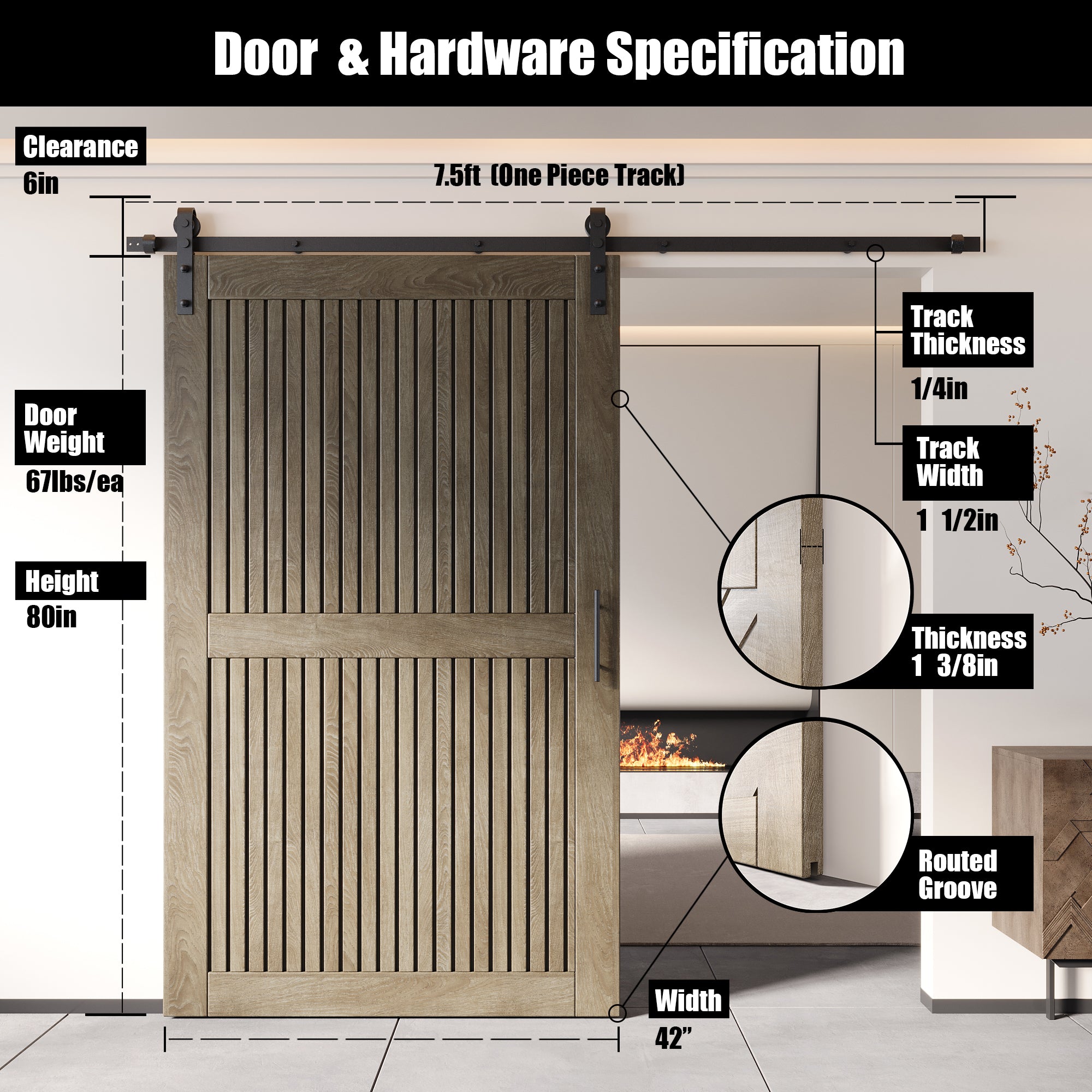 80" Height Classic Gray Vertical Stripe Design Unassembled & Finished Pine Wood Barn Door with Non-Bypass Installation Hardware Kit(Interior Use Only)