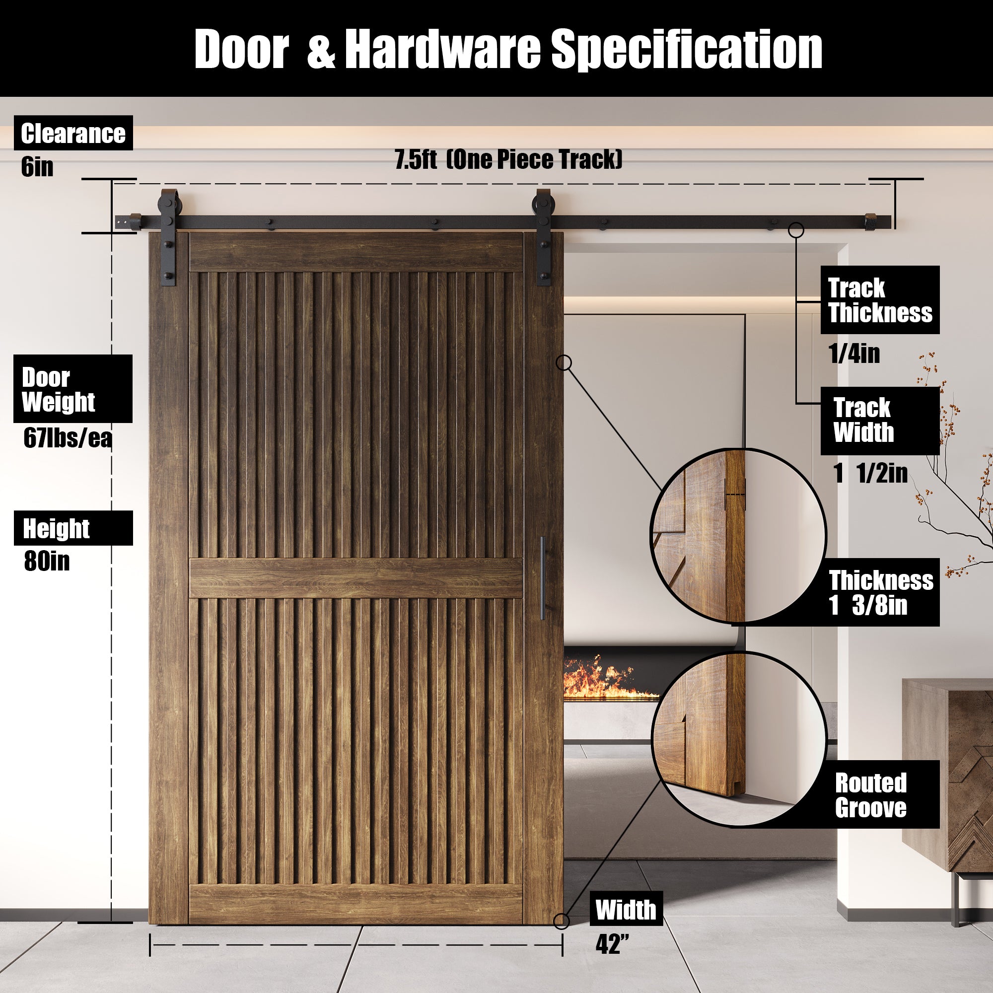 80" Height Dark Walnut Vertical Stripe Design Unassembled & Finished Pine Wood Barn Door with Non-Bypass Installation Hardware Kit(Interior Use Only)