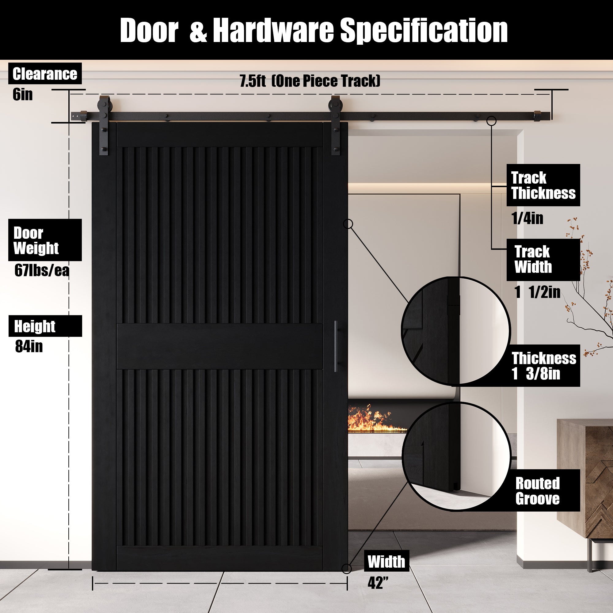 84" Height Black Vertical Stripe Design Unassembled & Finished Pine Wood Barn Door with Non-Bypass Installation Hardware Kit(Interior Use Only)
