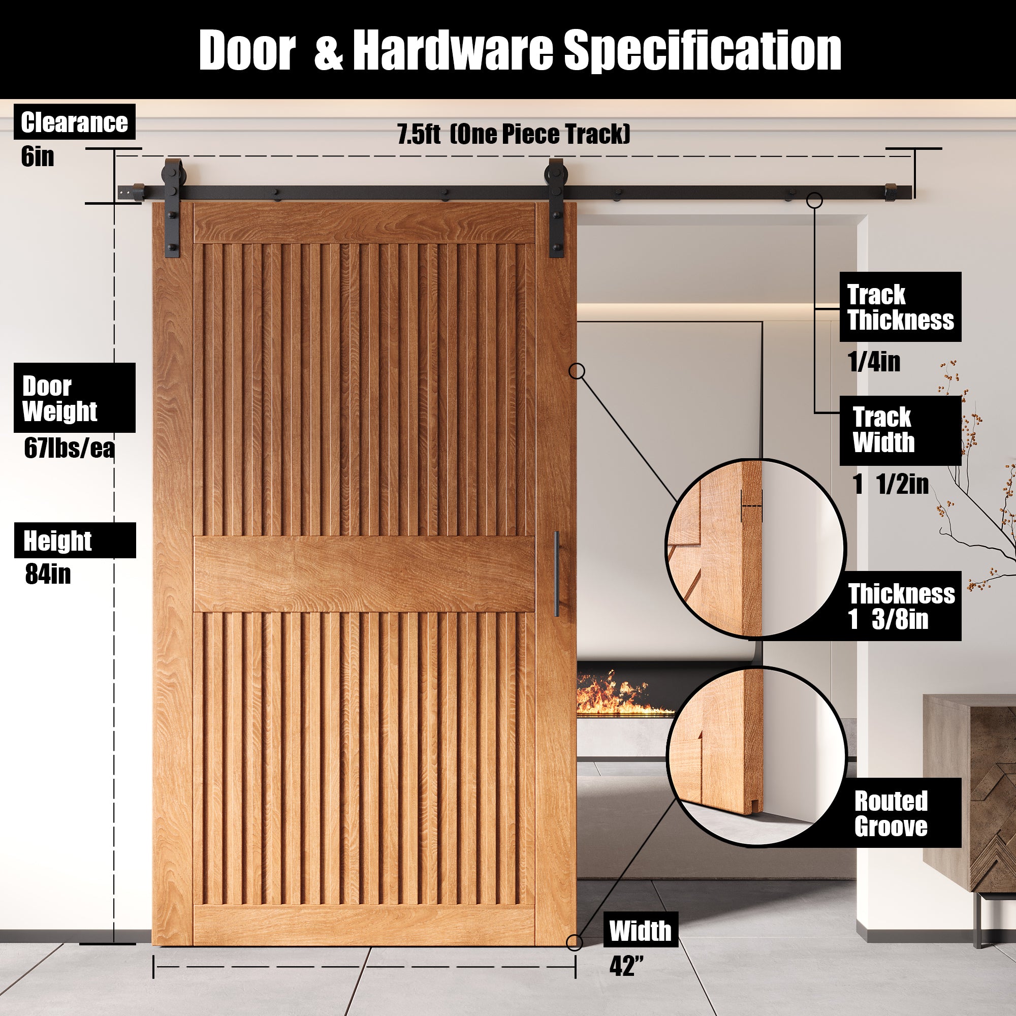 84" Height Early American Vertical Stripe Design Unassembled & Finished Pine Wood Barn Door with Non-Bypass Installation Hardware Kit(Interior Use Only)