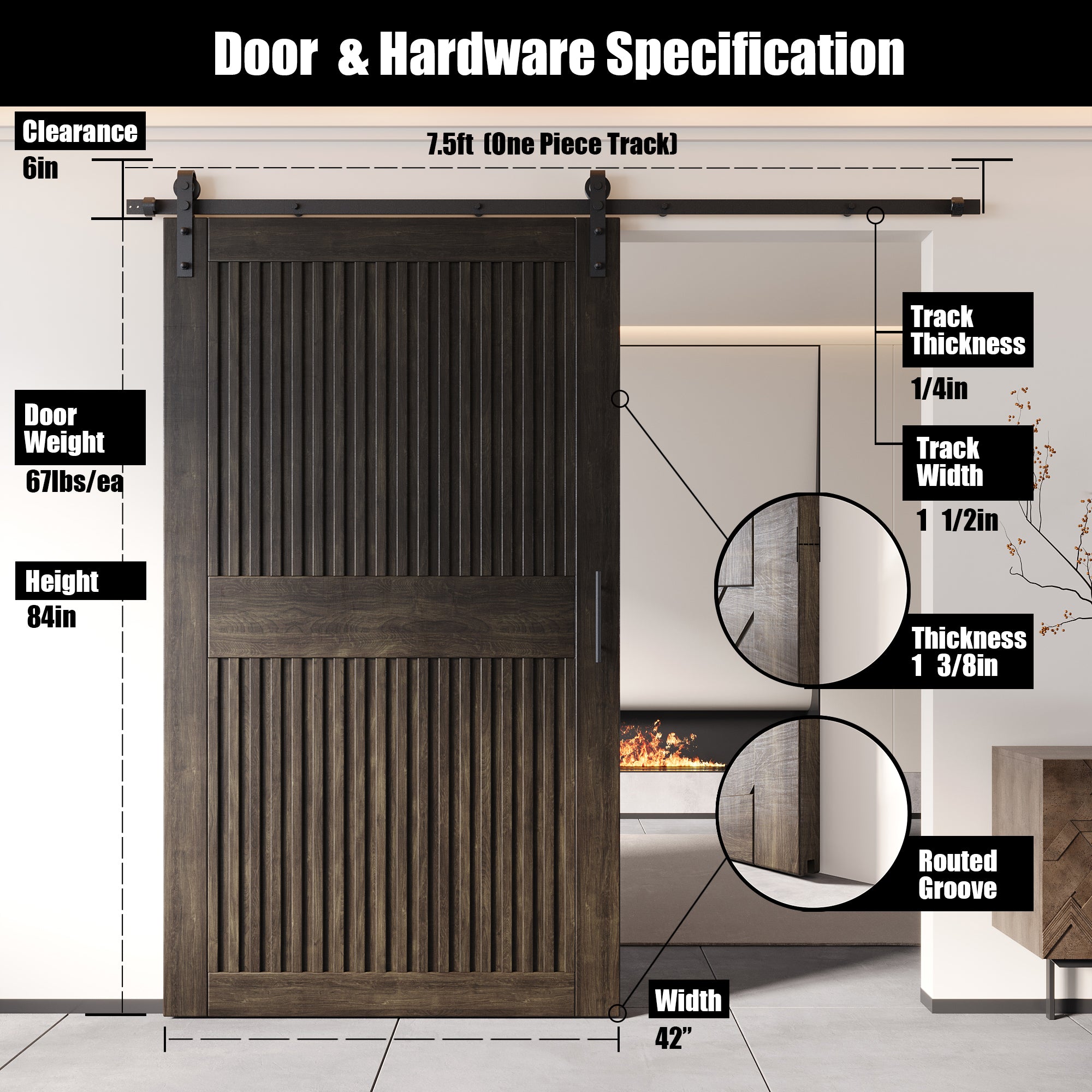 84" Height Ebony Vertical Stripe Design Unassembled & Finished Pine Wood Barn Door with Non-Bypass Installation Hardware Kit(Interior Use Only)