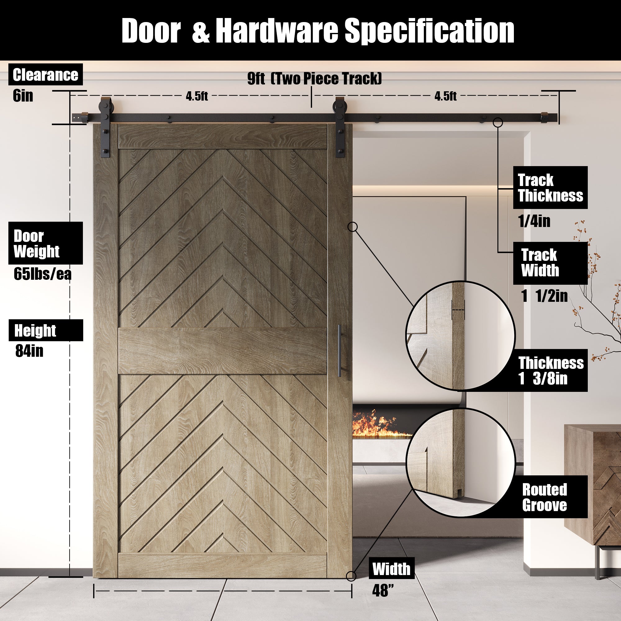 sliding barn door hardware kit with door pine wood barn door gray fishbone design