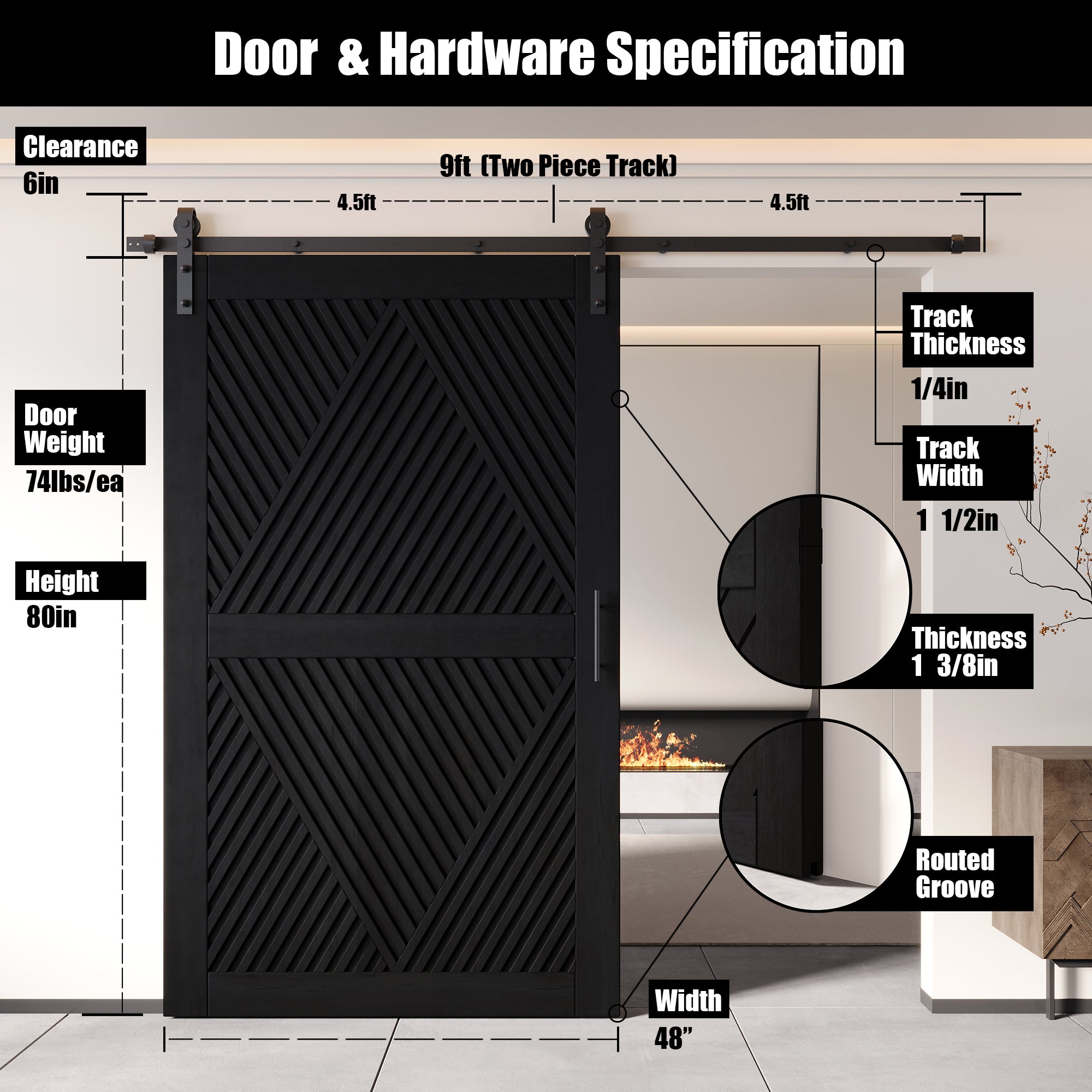 80" Height Black Diamond Design Unassembled & Finished Pine Wood Barn Door with Non-Bypass Installation Hardware Kit(Interior Use Only)