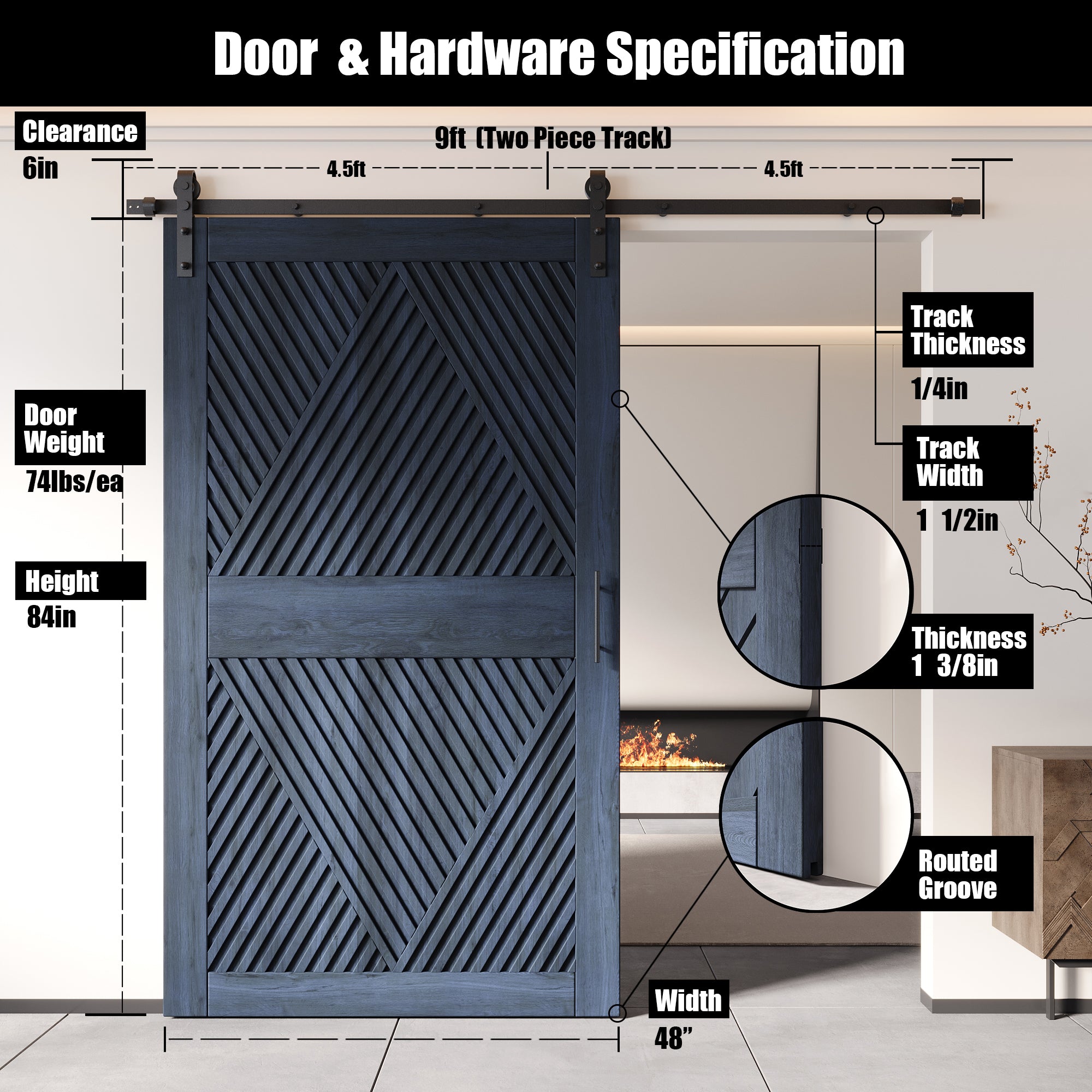 84" Height Navy Diamond Design Unassembled & Finished Pine Wood Barn Door with Non-Bypass Installation Hardware Kit(Interior Use Only)