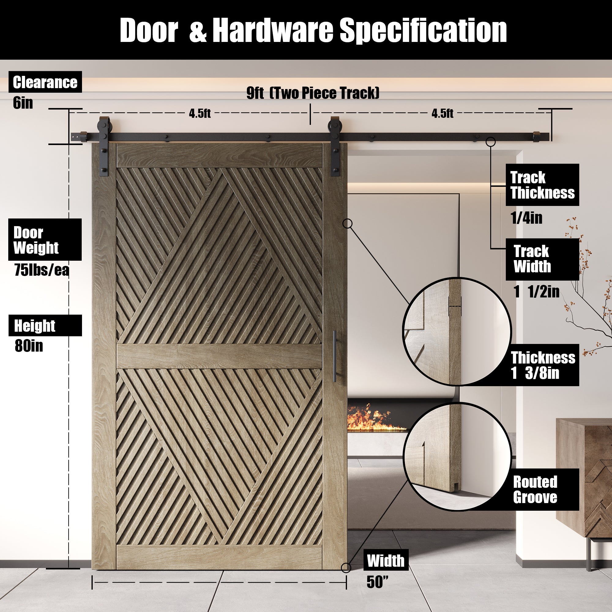 80" Height Classic Gray Diamond Design Unassembled & Finished Pine Wood Barn Door with Non-Bypass Installation Hardware Kit(Interior Use Only)