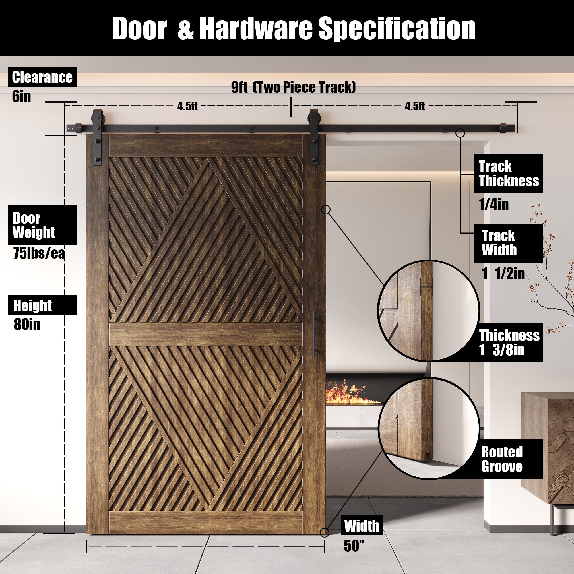 80" Height Dark Walnut Diamond Design Unassembled & Finished Pine Wood Barn Door with Non-Bypass Installation Hardware Kit(Interior Use Only)