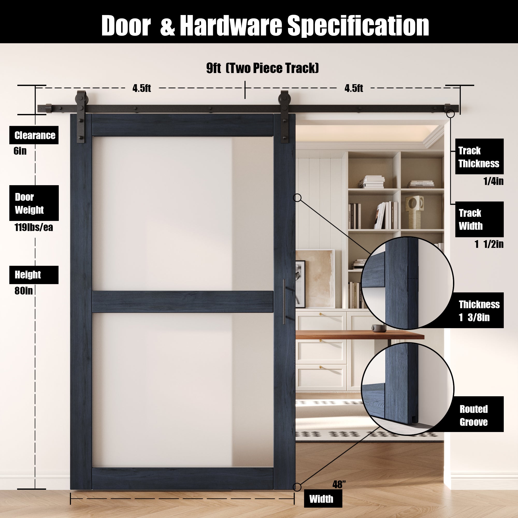 80" Height Navy 2-Lite Frosted Glass Unassembled & Finished Pine Wood Barn Door with Non-Bypass Installation Hardware Kit (Interior Use Only)