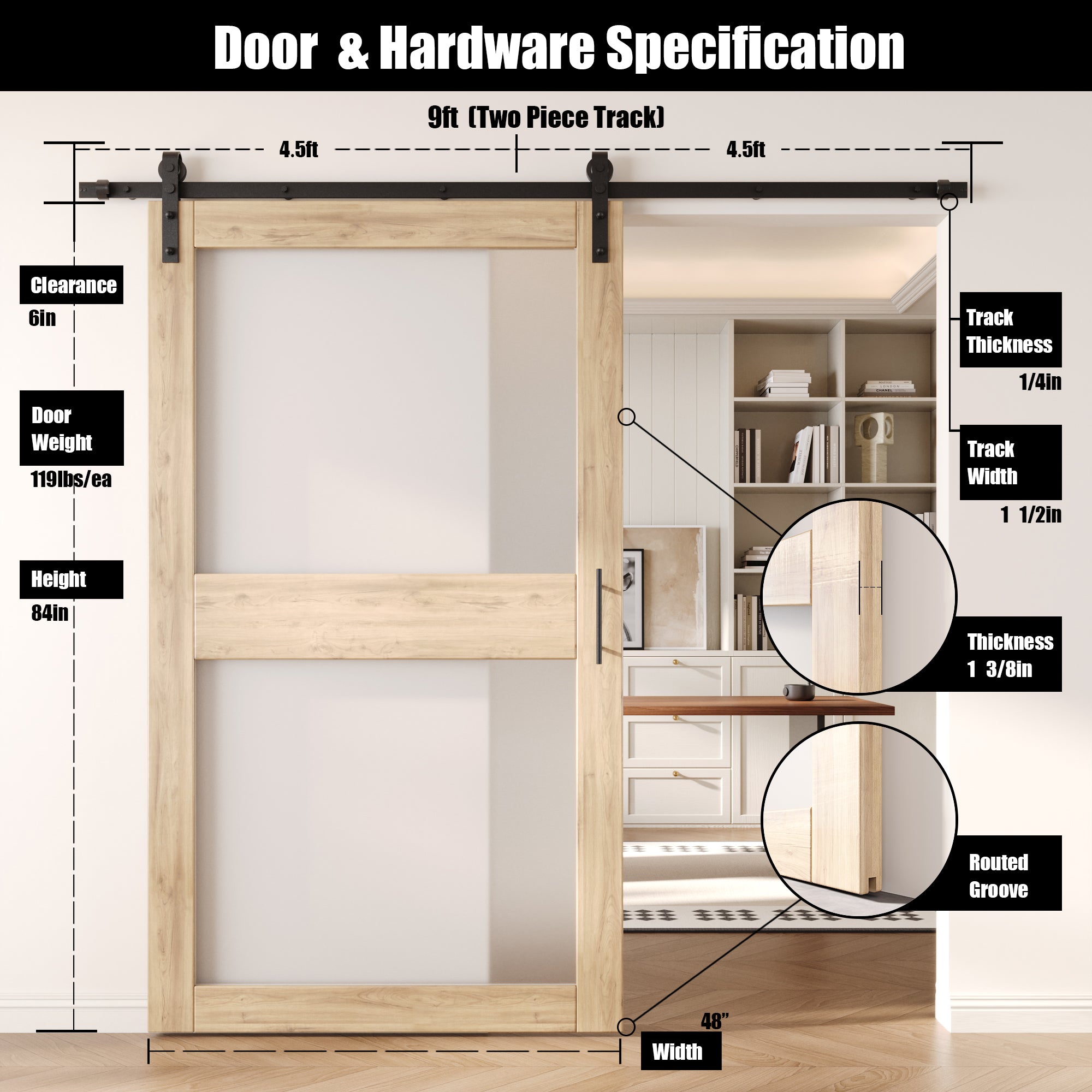 84" Height 2-Lite Frosted Glass Unassembled & Unfinished Pine Wood Barn Door with Non-Bypass Installation Hardware Kit (Interior Use Only)