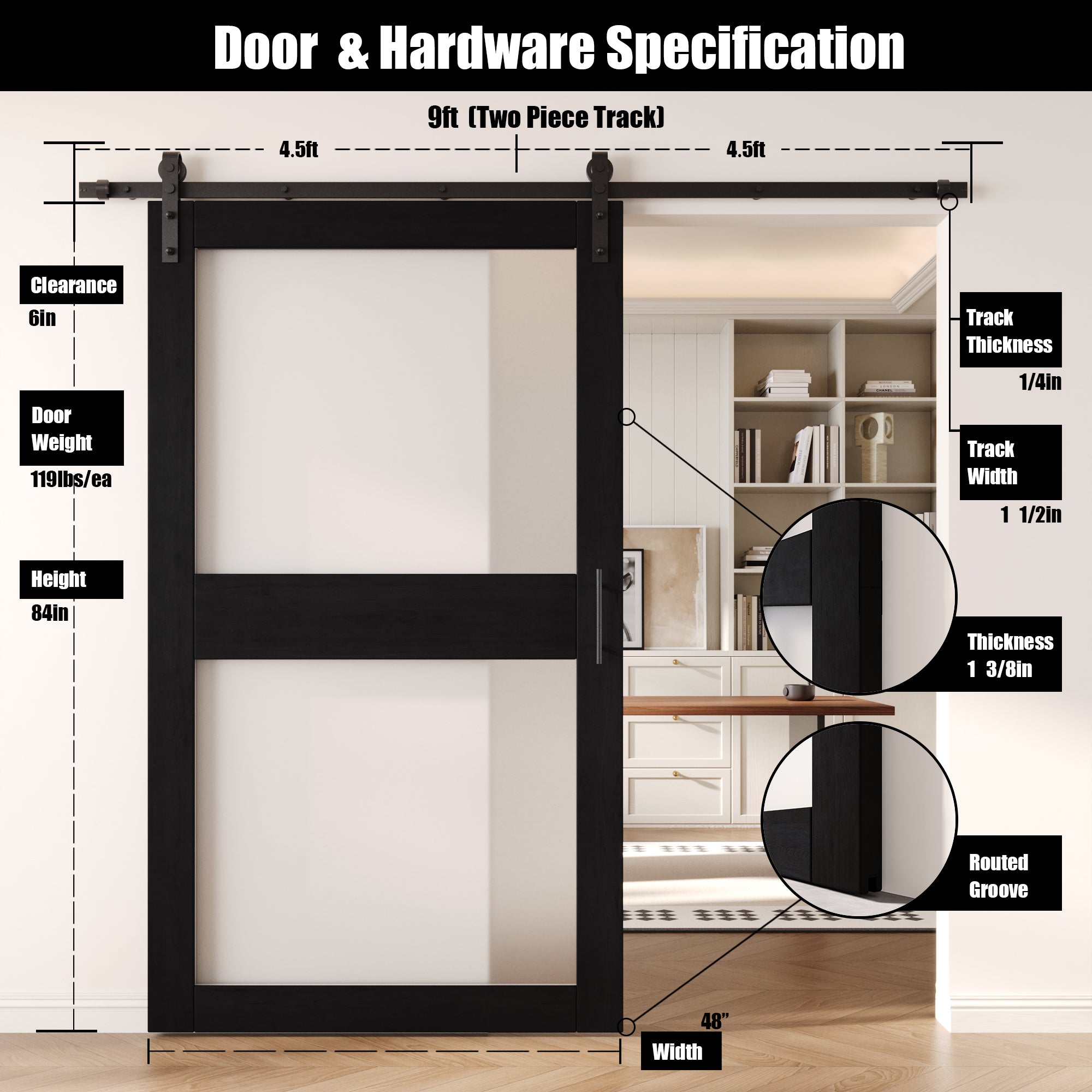 84" Height Black 2-Lite Frosted Glass Unassembled & Finished Pine Wood Barn Door with Non-Bypass Installation Hardware Kit (Interior Use Only)