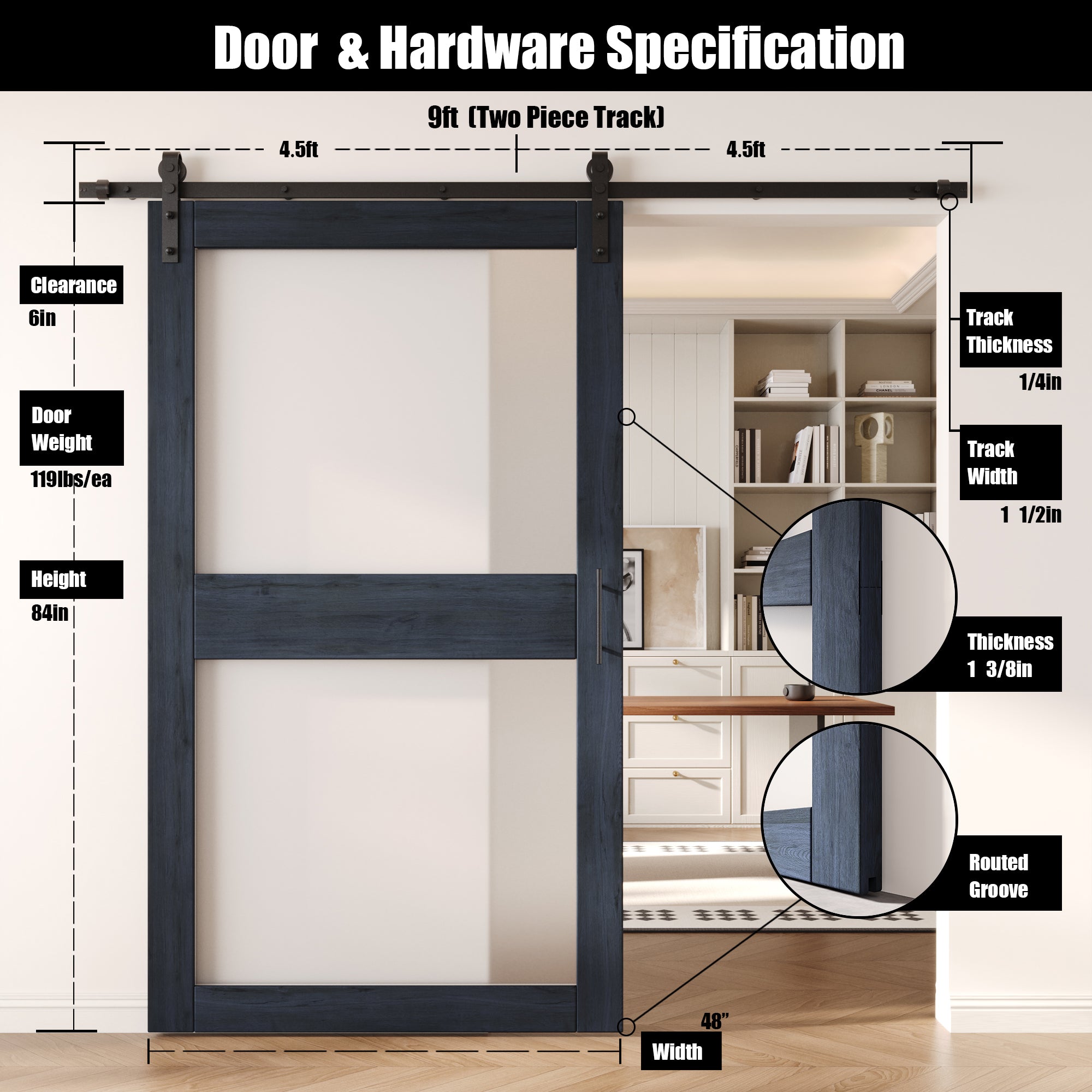 84" Height Navy 2-Lite Frosted Glass Unassembled & Finished Pine Wood Barn Door with Non-Bypass Installation Hardware Kit (Interior Use Only)