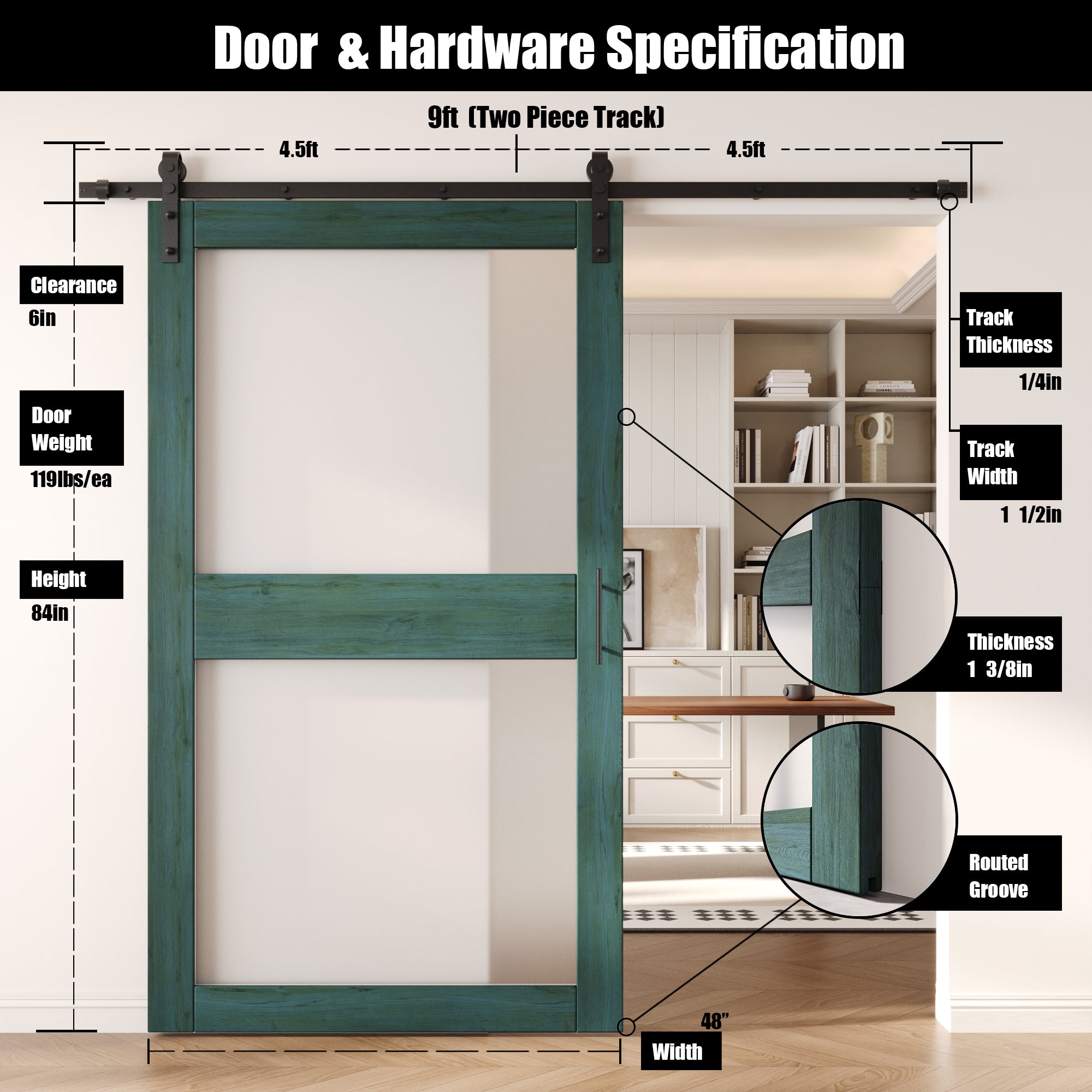 84" Height Royal Pine 2-Lite Frosted Glass Unassembled & Finished Pine Wood Barn Door with Non-Bypass Installation Hardware Kit (Interior Use Only)