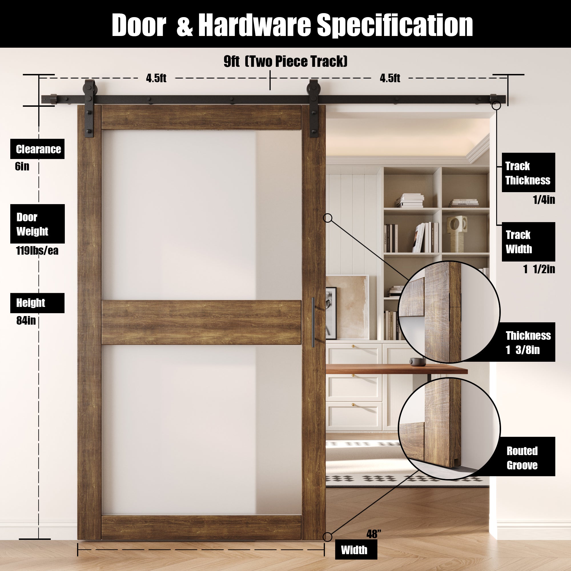 84" Height Dark Walnut 2-Lite Frosted Glass Unassembled & Finished Pine Wood Barn Door with Non-Bypass Installation Hardware Kit (Interior Use Only)