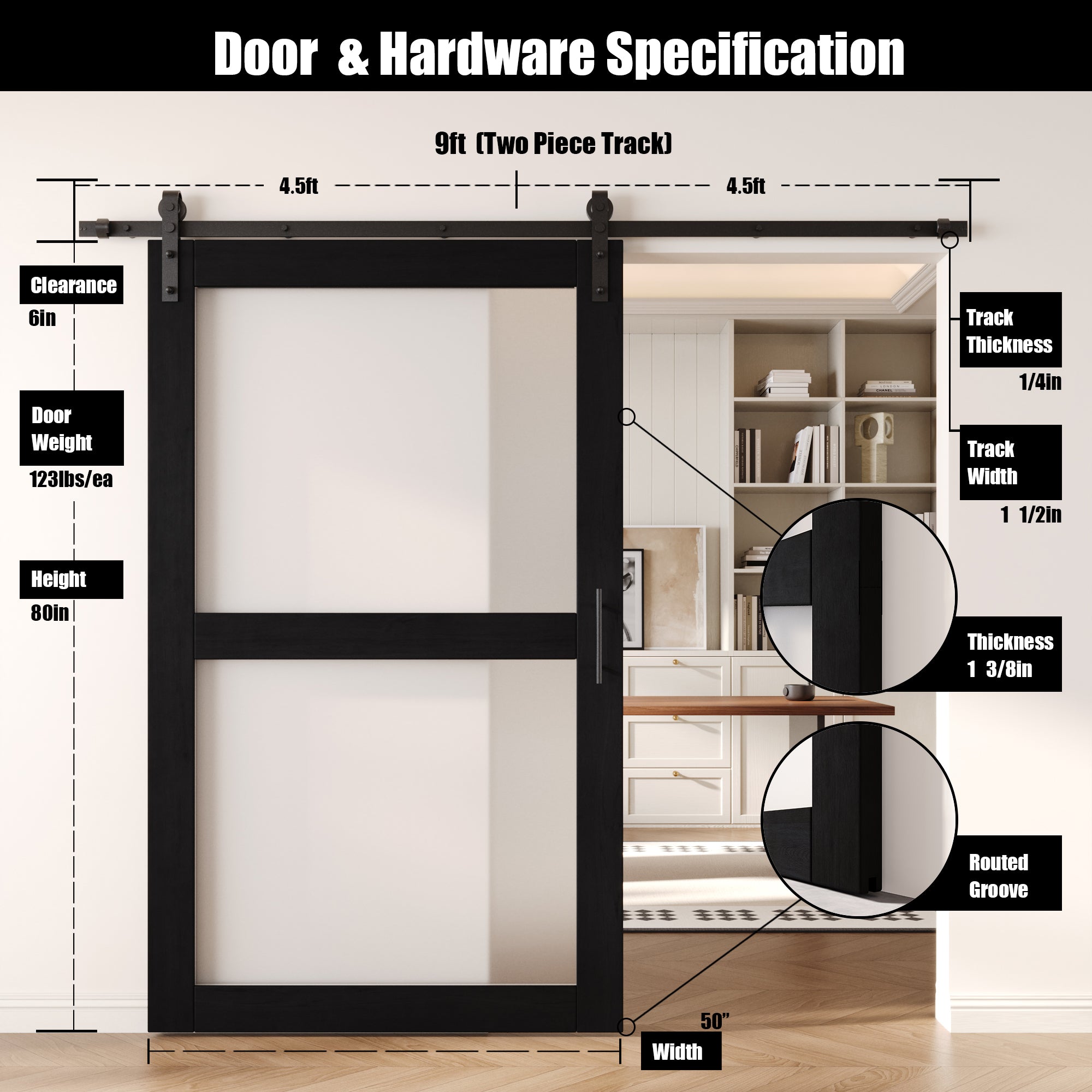 80" Height Black 2-Lite Frosted Glass Unassembled & Finished Pine Wood Barn Door with Non-Bypass Installation Hardware Kit (Interior Use Only)