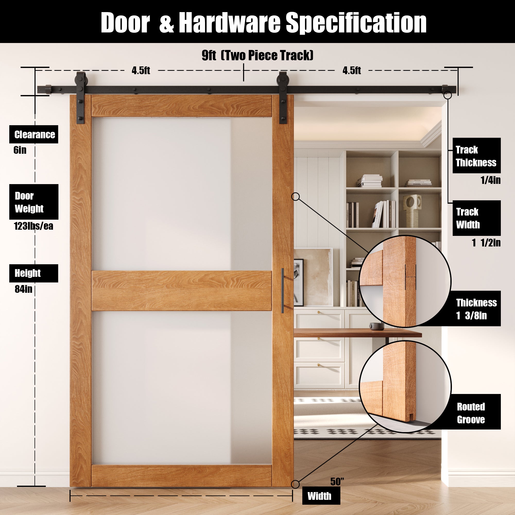 84" Height Early American 2-Lite Frosted Glass Unassembled & Finished Pine Wood Barn Door with Non-Bypass Installation Hardware Kit (Interior Use Only)