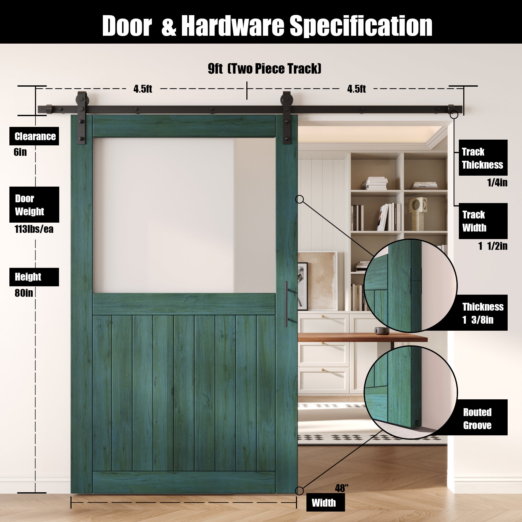 80" Height Royal Pine Half Lite Frosted Glass Unassembled & Finished Pine Wood Barn Door with Non-Bypass Installation Hardware Kit (Interior Use Only)