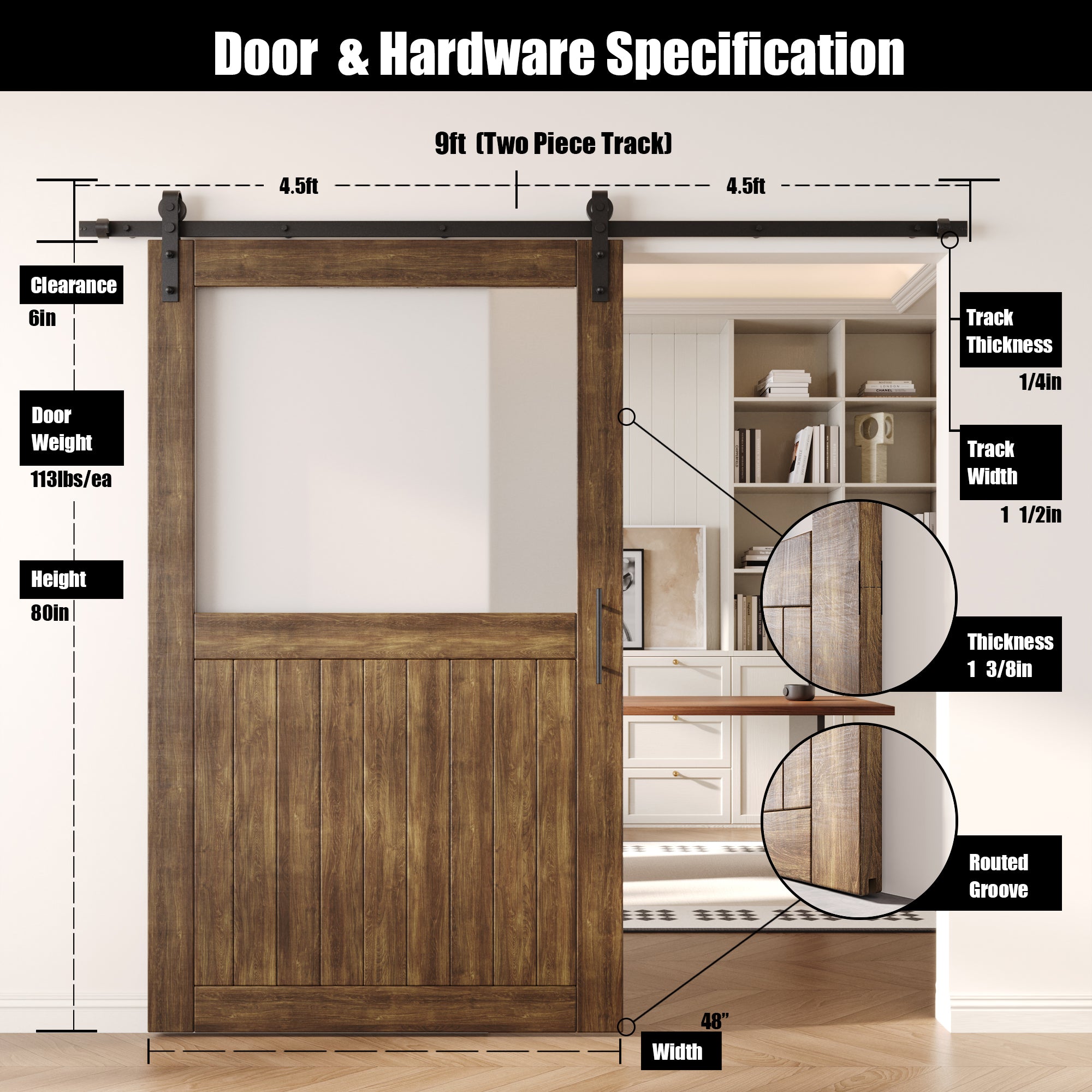 80" Height Dark Walnut Half Lite Frosted Glass Unassembled & Finished Pine Wood Barn Door with Non-Bypass Installation Hardware Kit (Interior Use Only)