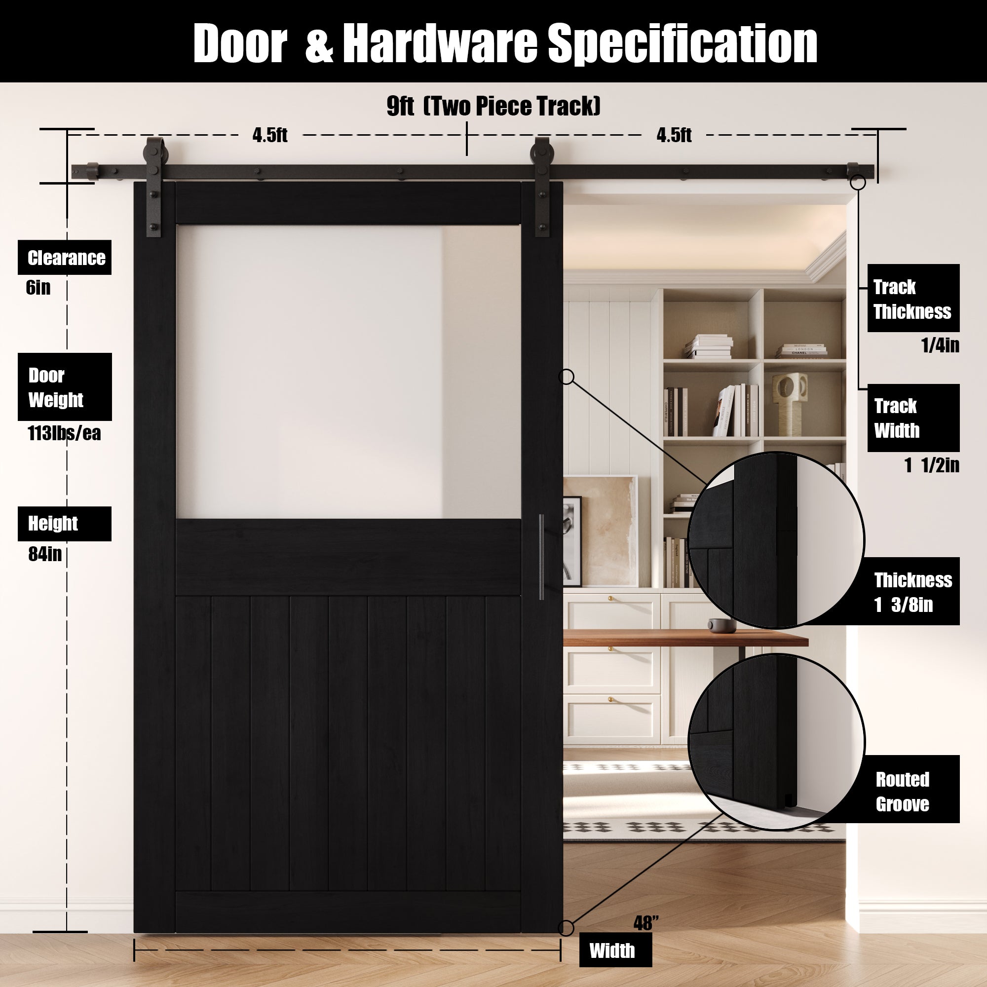 84" Height Black Half Lite Frosted Glass Unassembled & Finished Pine Wood Barn Door with Non-Bypass Installation Hardware Kit (Interior Use Only)