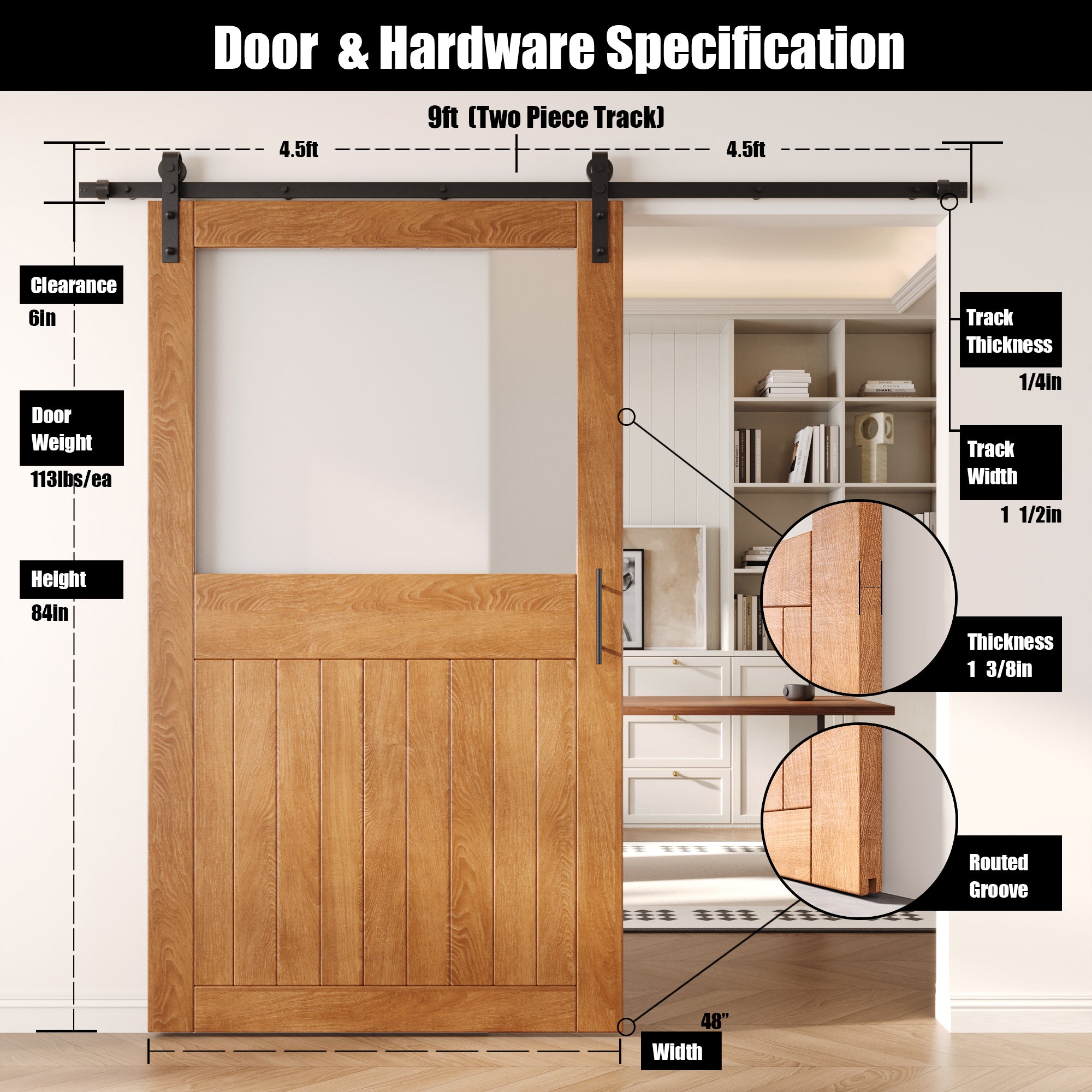84" Height Early American Half Lite Frosted Glass Unassembled & Finished Pine Wood Barn Door with Non-Bypass Installation Hardware Kit (Interior Use Only)