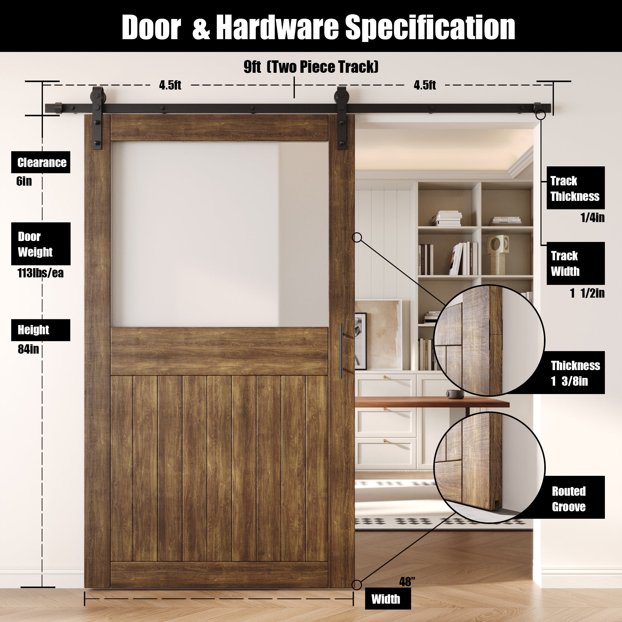 84" Height Dark Walnut Half Lite Frosted Glass Unassembled & Finished Pine Wood Barn Door with Non-Bypass Installation Hardware Kit (Interior Use Only)