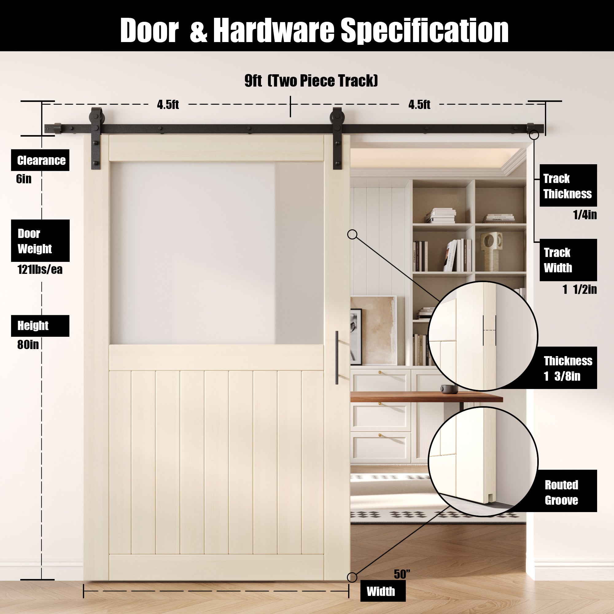 80" Height Tinsmith Gray Half Lite Frosted Glass Unassembled & Finished Pine Wood Barn Door with Non-Bypass Installation Hardware Kit (Interior Use Only)