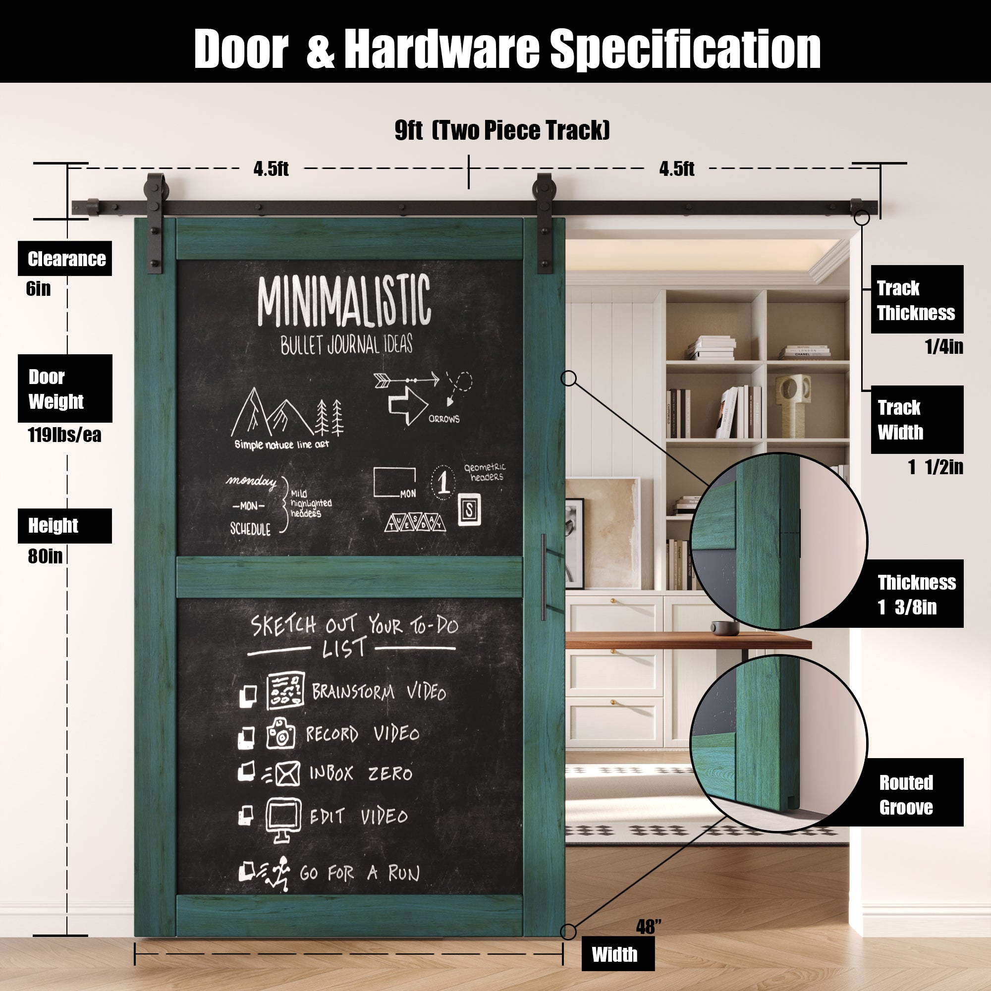 80" Height Royal Pine Chalkboard Design Unassembled & Finished Pine Wood Barn Door with Non-Bypass Installation Hardware Kit (Interior Use Only)