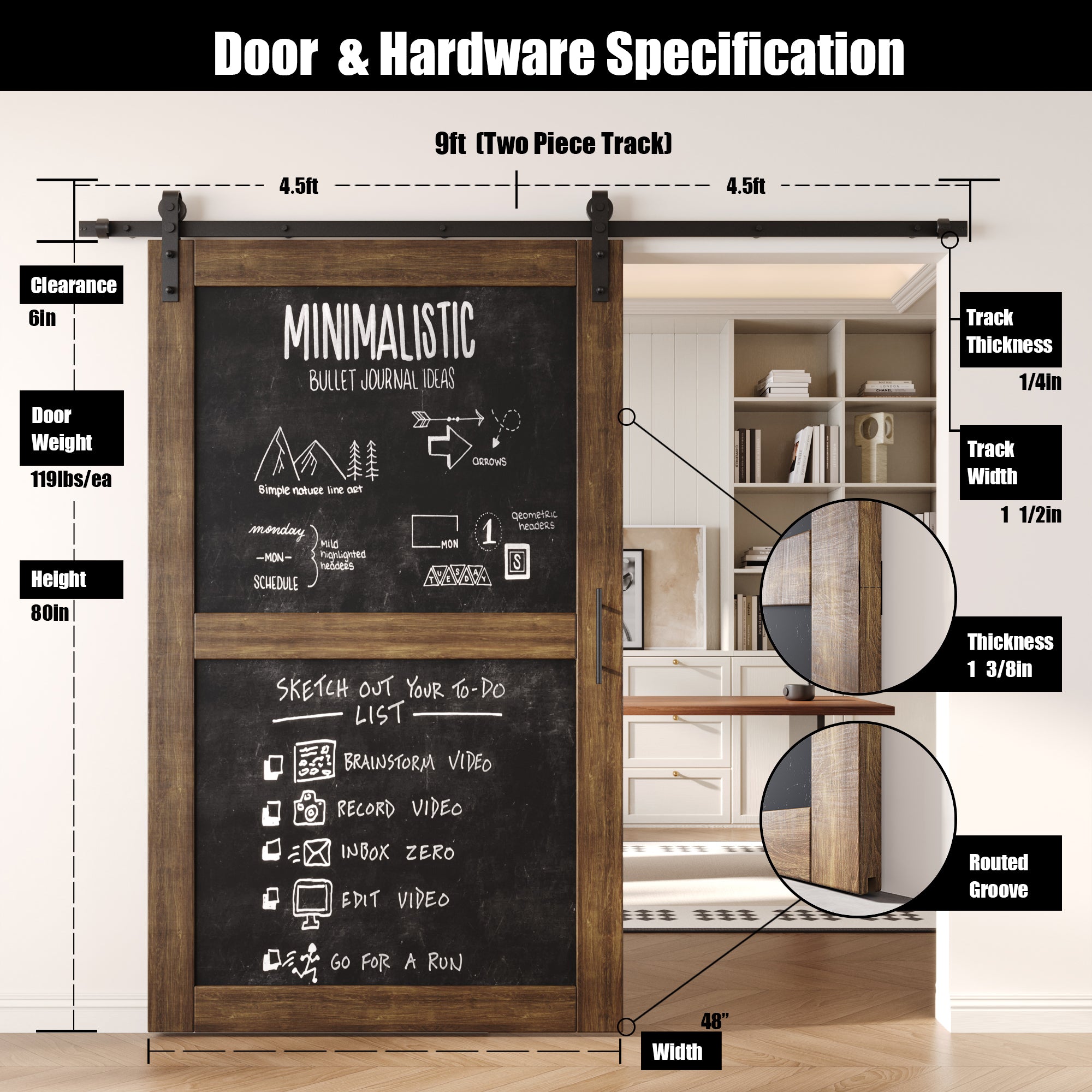 80" Height Dark Walnut Chalkboard Design Unassembled & Finished Pine Wood Barn Door with Non-Bypass Installation Hardware Kit (Interior Use Only)