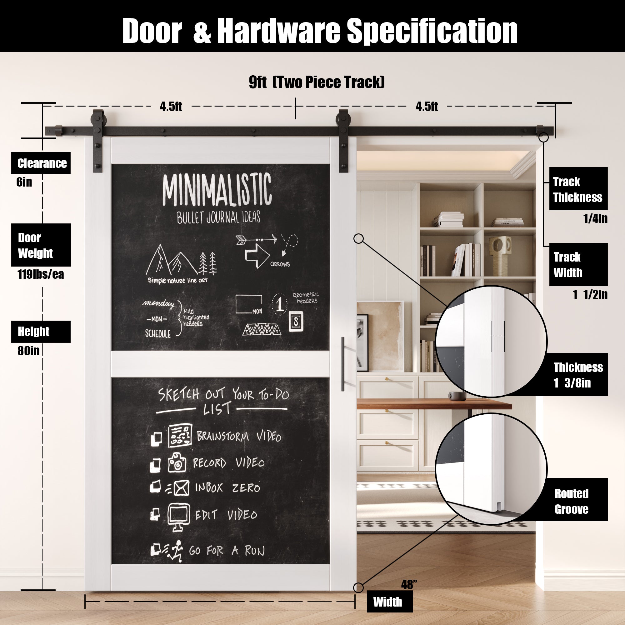 80" Height White Chalkboard Design Unassembled & Finished Pine Wood Barn Door with Non-Bypass Installation Hardware Kit (Interior Use Only)