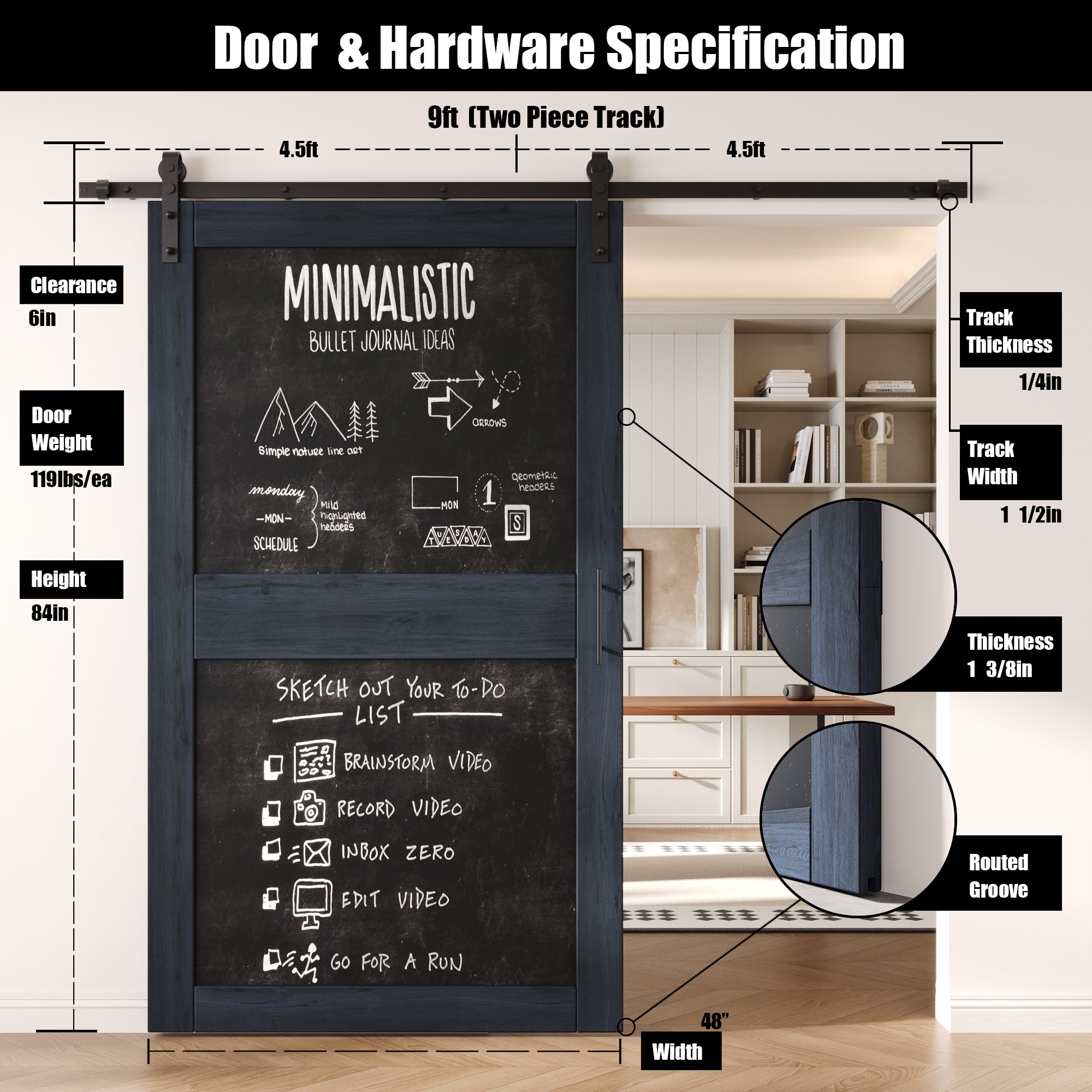 84" Height Navy Chalkboard Design Unassembled & Finished Pine Wood Barn Door with Non-Bypass Installation Hardware Kit (Interior Use Only)