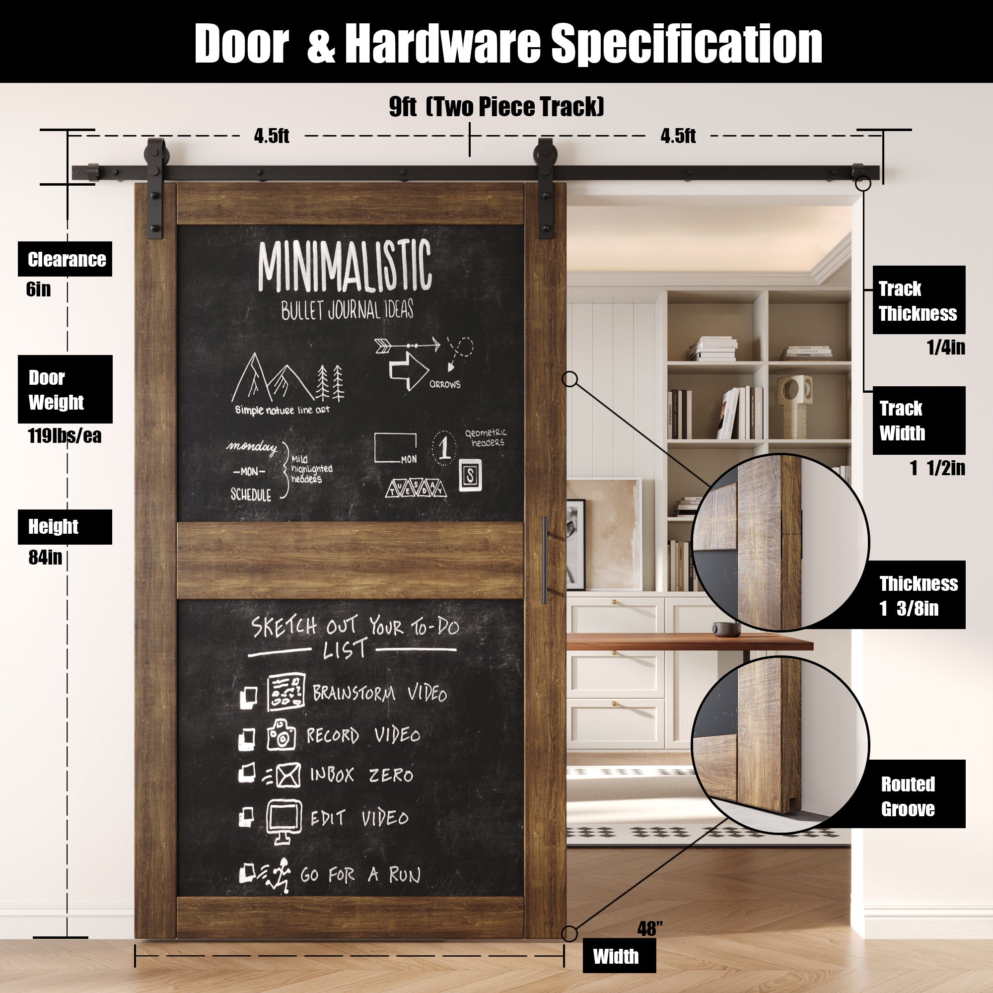 84" Height Dark Walnut Chalkboard Design Unassembled & Finished Pine Wood Barn Door with Non-Bypass Installation Hardware Kit (Interior Use Only)