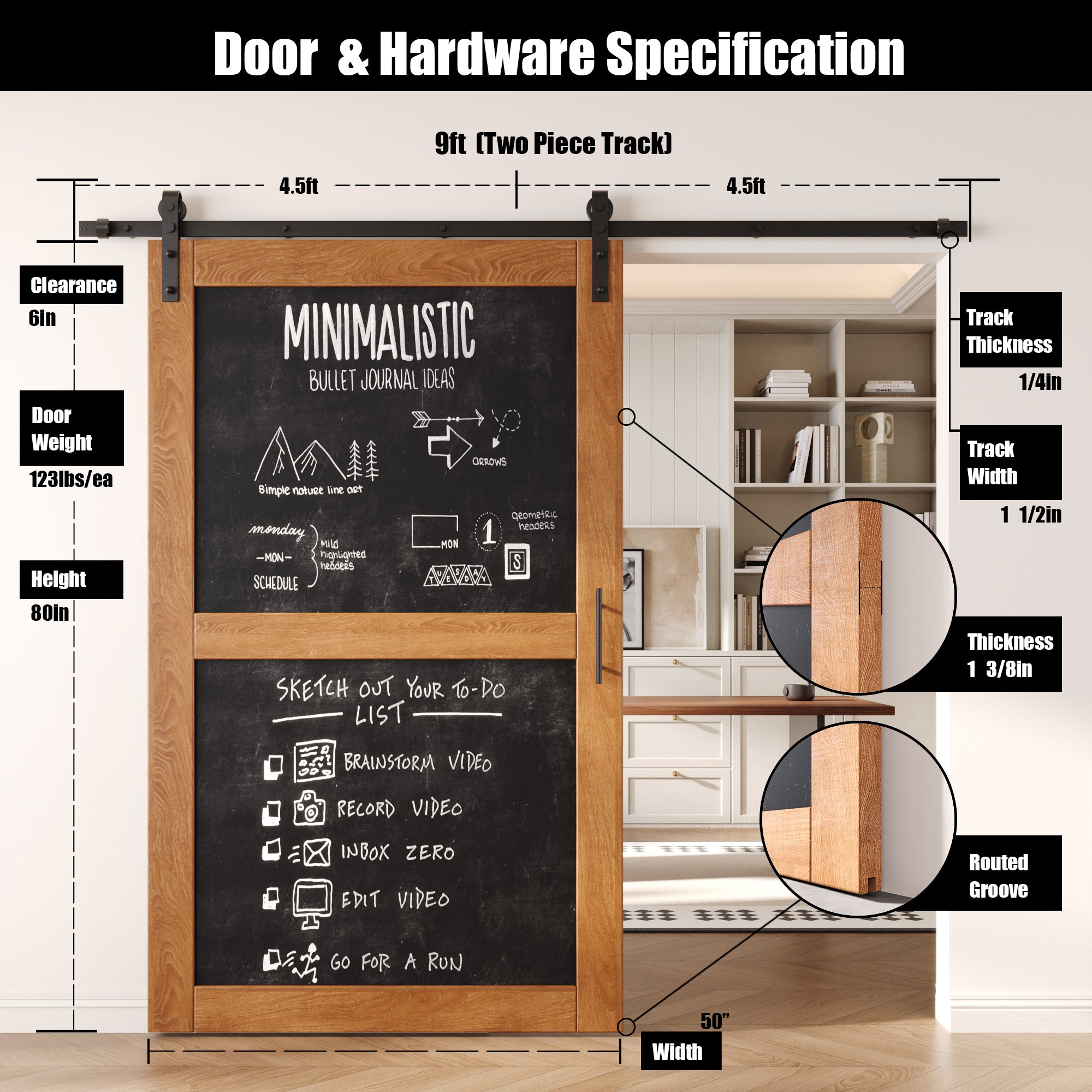 80" Height Early American Chalkboard Design Unassembled & Finished Pine Wood Barn Door with Non-Bypass Installation Hardware Kit (Interior Use Only)